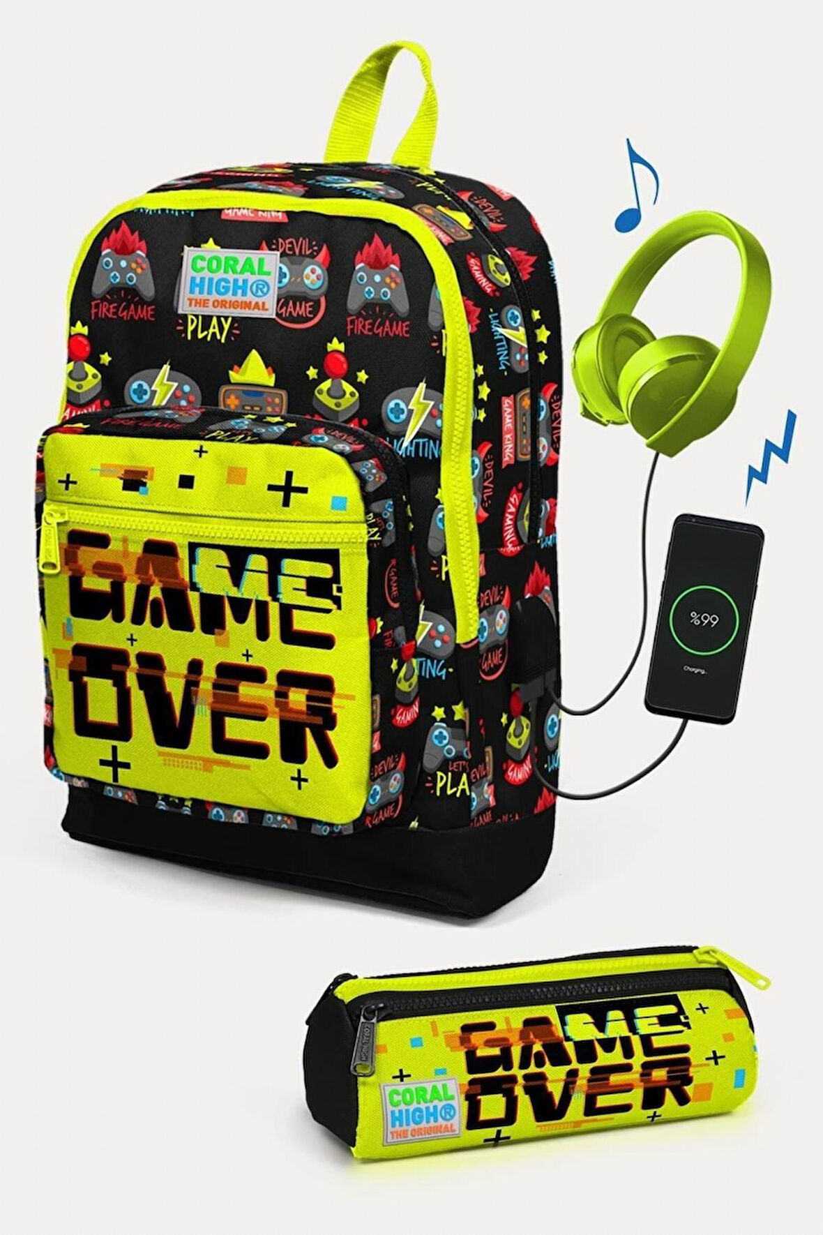Coral High Kids Siyah Neon Sarı Game Over Desenli USB'li 2'li Okul Çanta Seti - Erkek Çocuk