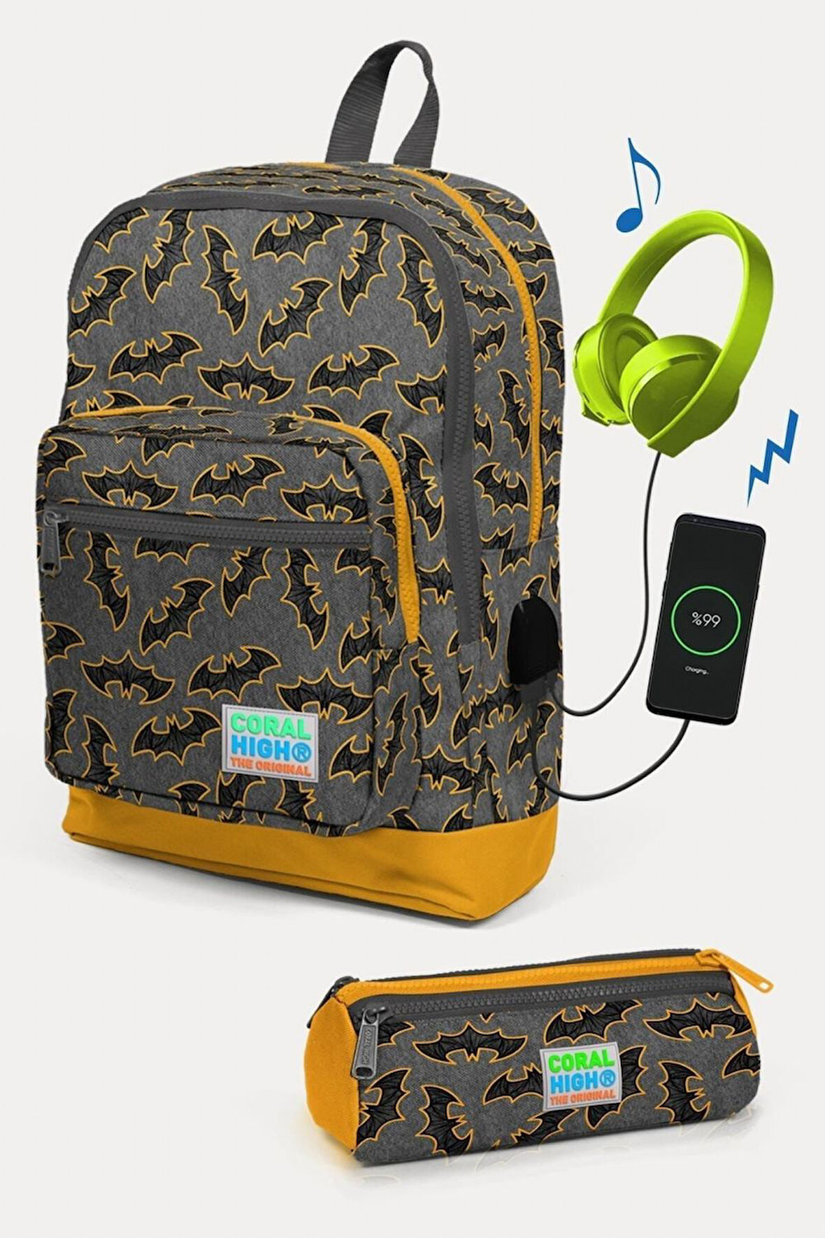 Coral High Kids Koyu Gri Hardal Yarasa Desenli USB'li 2'li Okul Çanta Seti - Erkek Çocuk