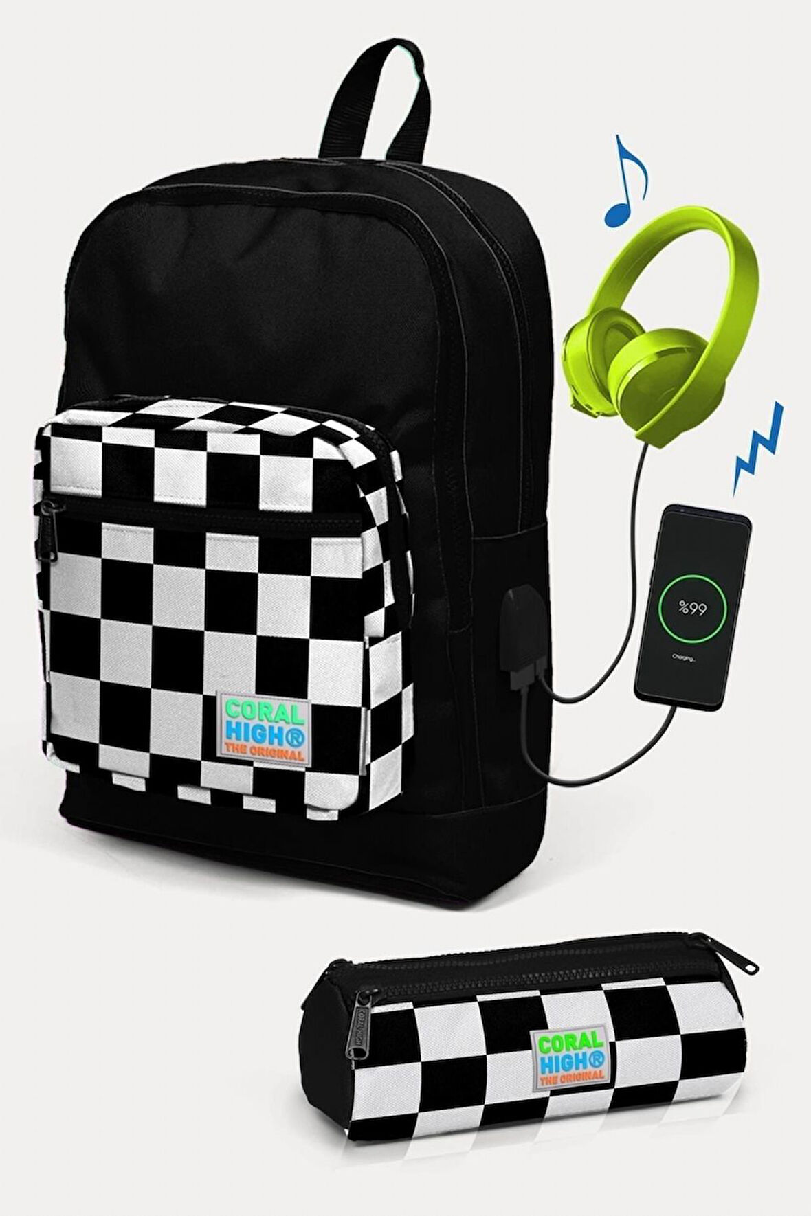 Coral High Kids Siyah Dama Desenli USB'li 2'li Okul Çanta Seti - Erkek Çocuk