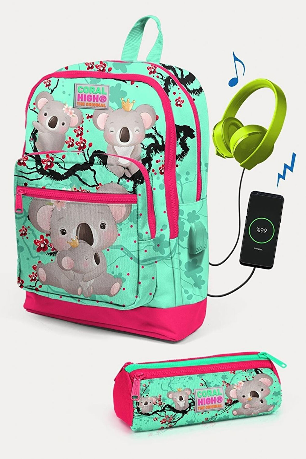 Coral High Kids Su Yeşili Neon Mercan Koala Desenli USB'li 2'li Okul Çanta Seti - Kız Çocuk