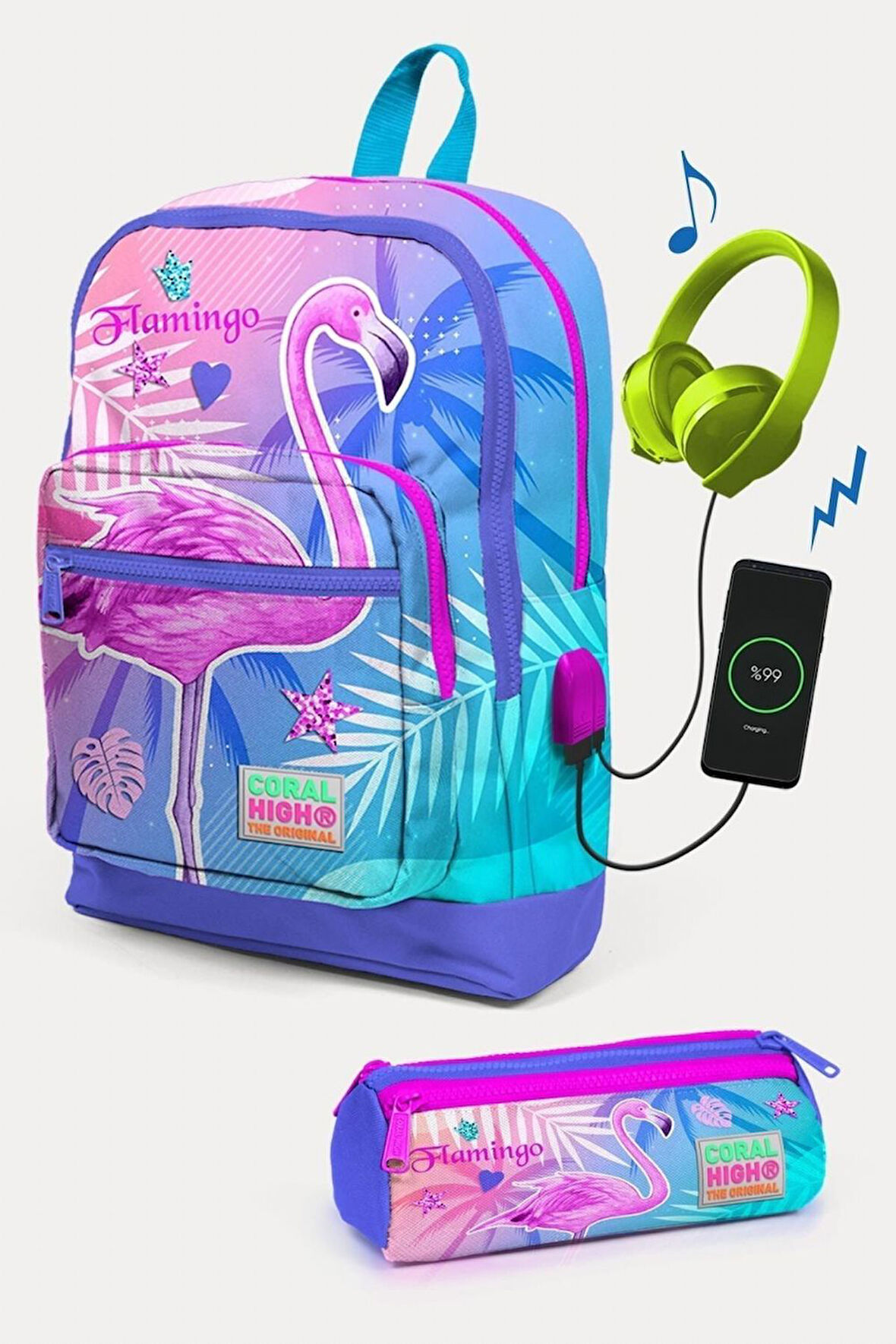 Coral High Lavanta Pembe Flamingo Desenli USB'li 2'li Okul Çanta Seti - Kız Çocuk