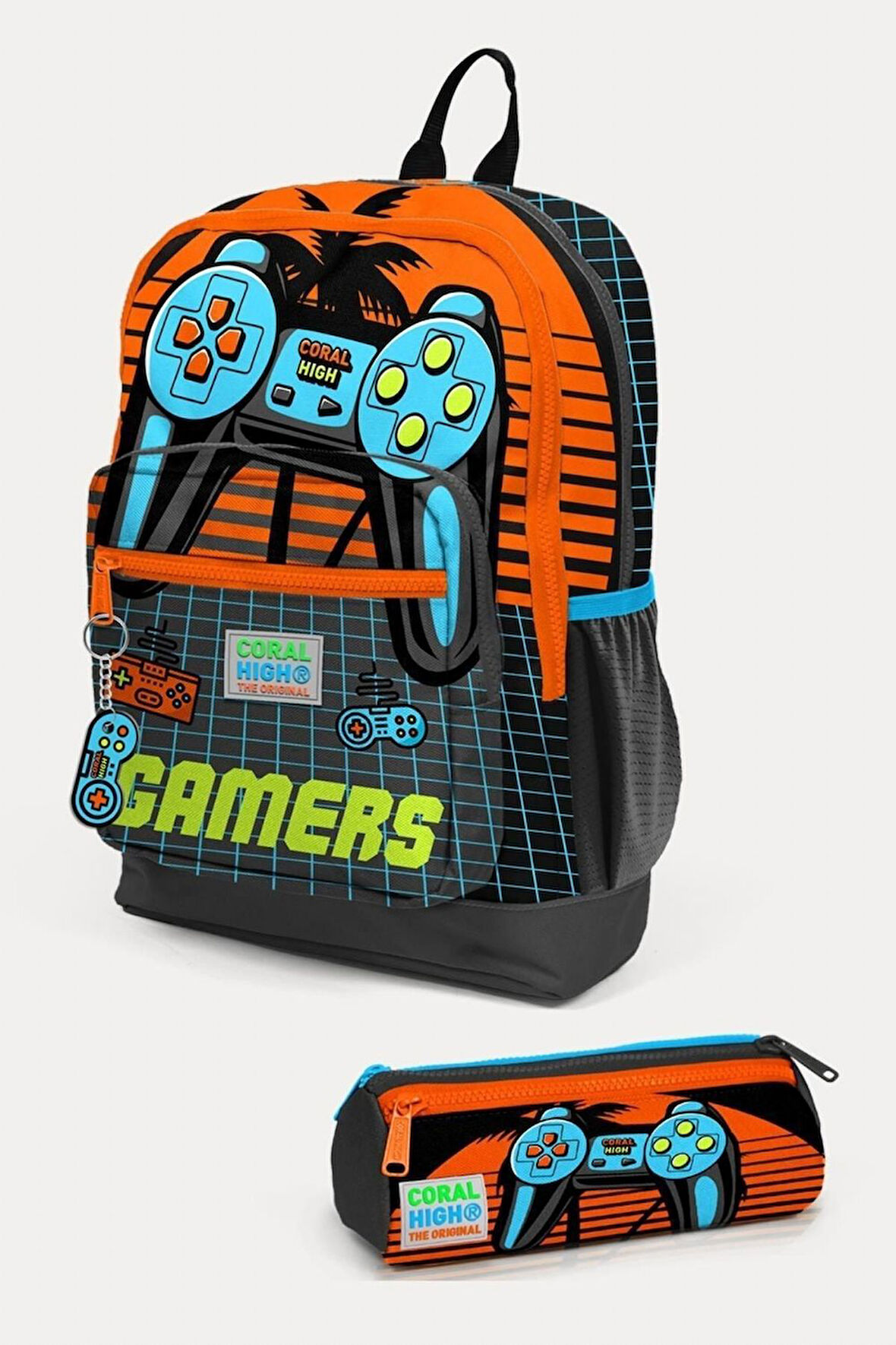 Coral High Kids Gri Turuncu Gamer Desenli 2'li Okul Çanta Seti - Erkek Çocuk