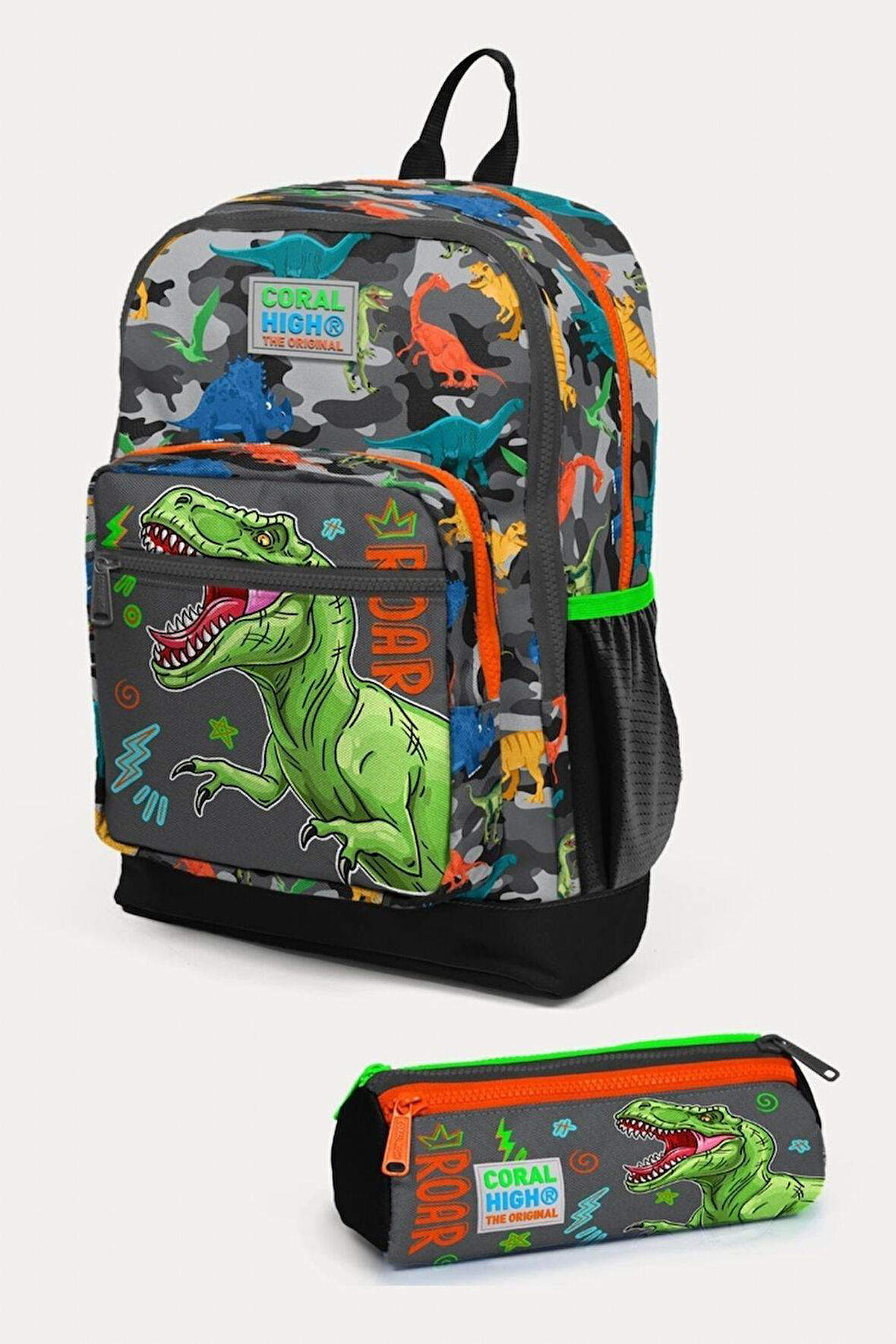 Coral High Kids Siyah Gri Dinozor Desenli 2'li Okul Çanta Seti - Erkek Çocuk