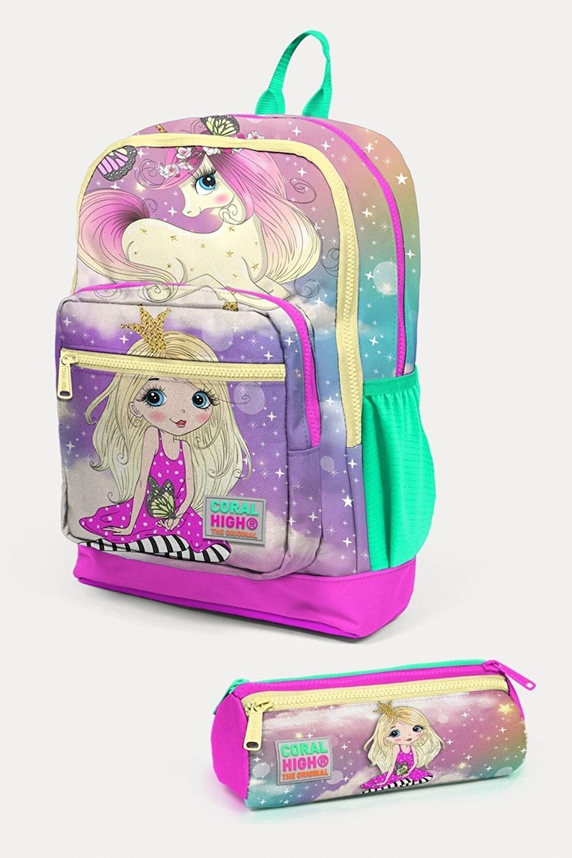Coral High Kids Pembe Su Yeşili Unicornlu Kız Desenli 2'li Okul Çanta Seti - Kız Çocuk