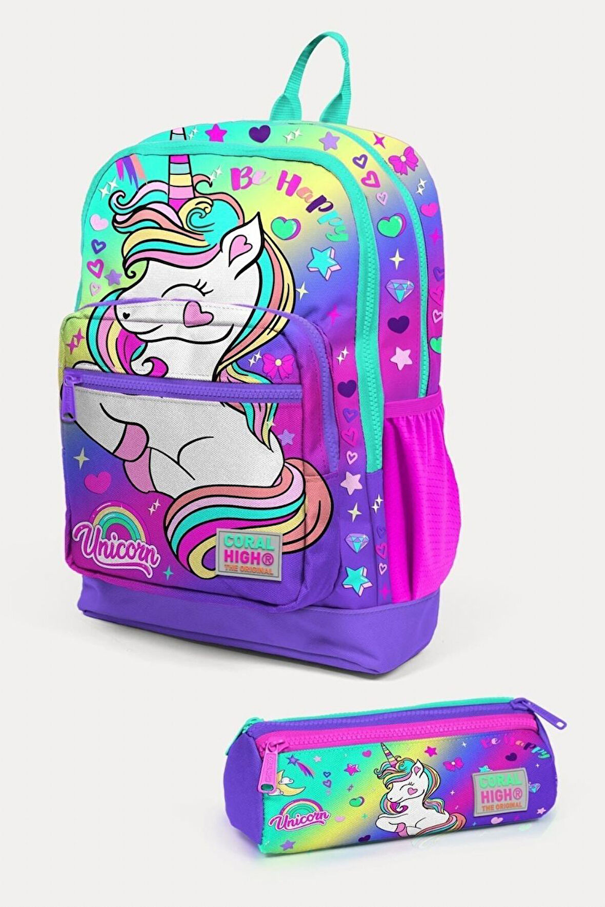 Coral High Lavanta Su Yeşili Unicorn Desenli 2'li Okul Çanta Seti - Kız Çocuk