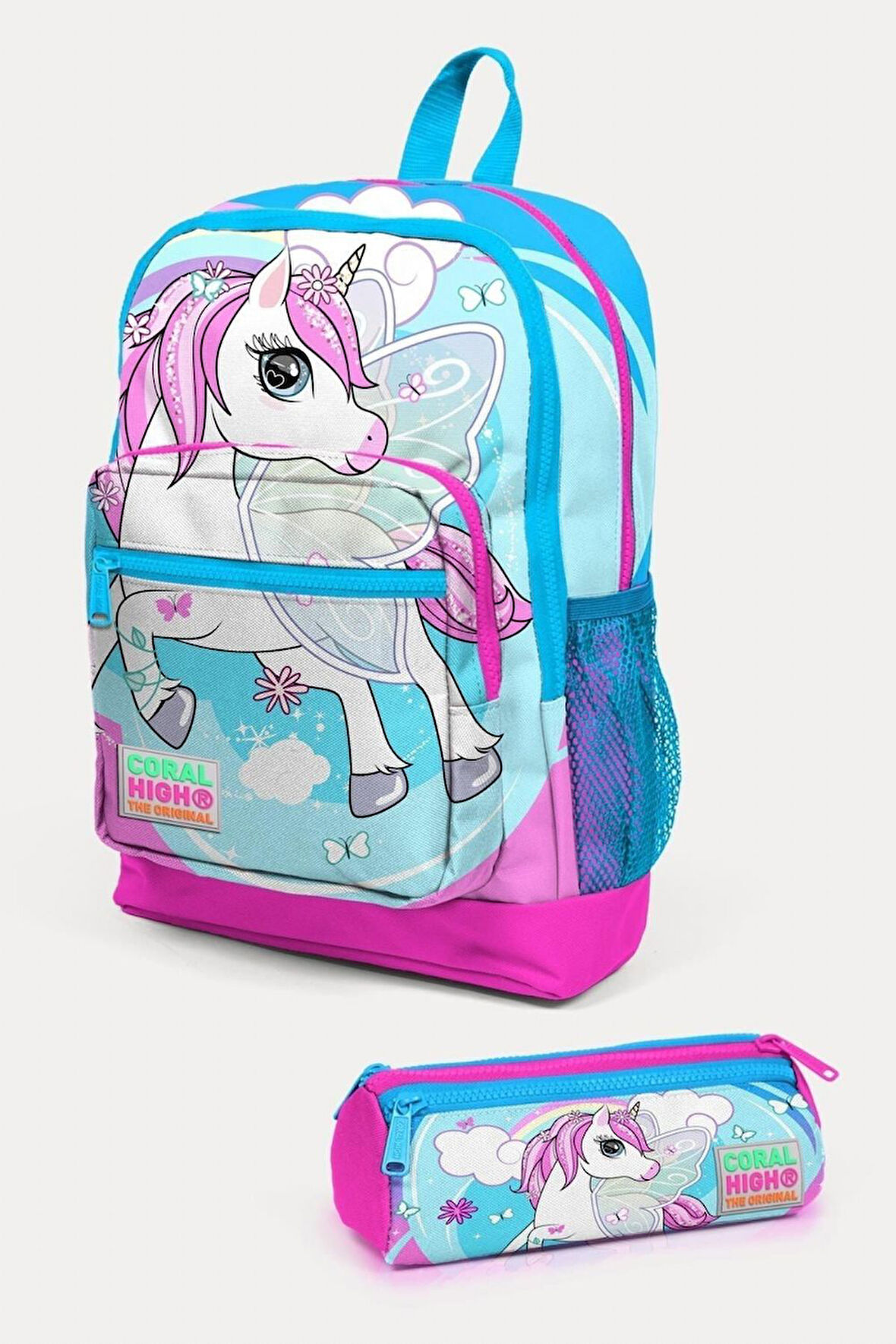 Coral High Kids Mavi Neon Pembe Unicorn Desenli 2'li Okul Çanta Seti - Kız Çocuk