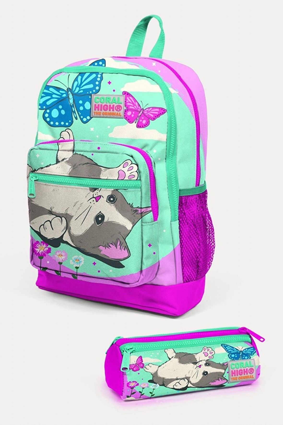 Coral High Su Yeşili Pembe Kedi Desenli 2'li Okul Çanta Seti - Kız Çocuk