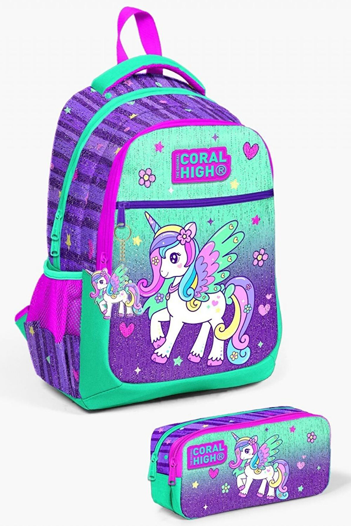 Coral High Kids Mor Su Yeşili Unicorn Desenli 2'li Okul Çanta Seti - Kız Çocuk