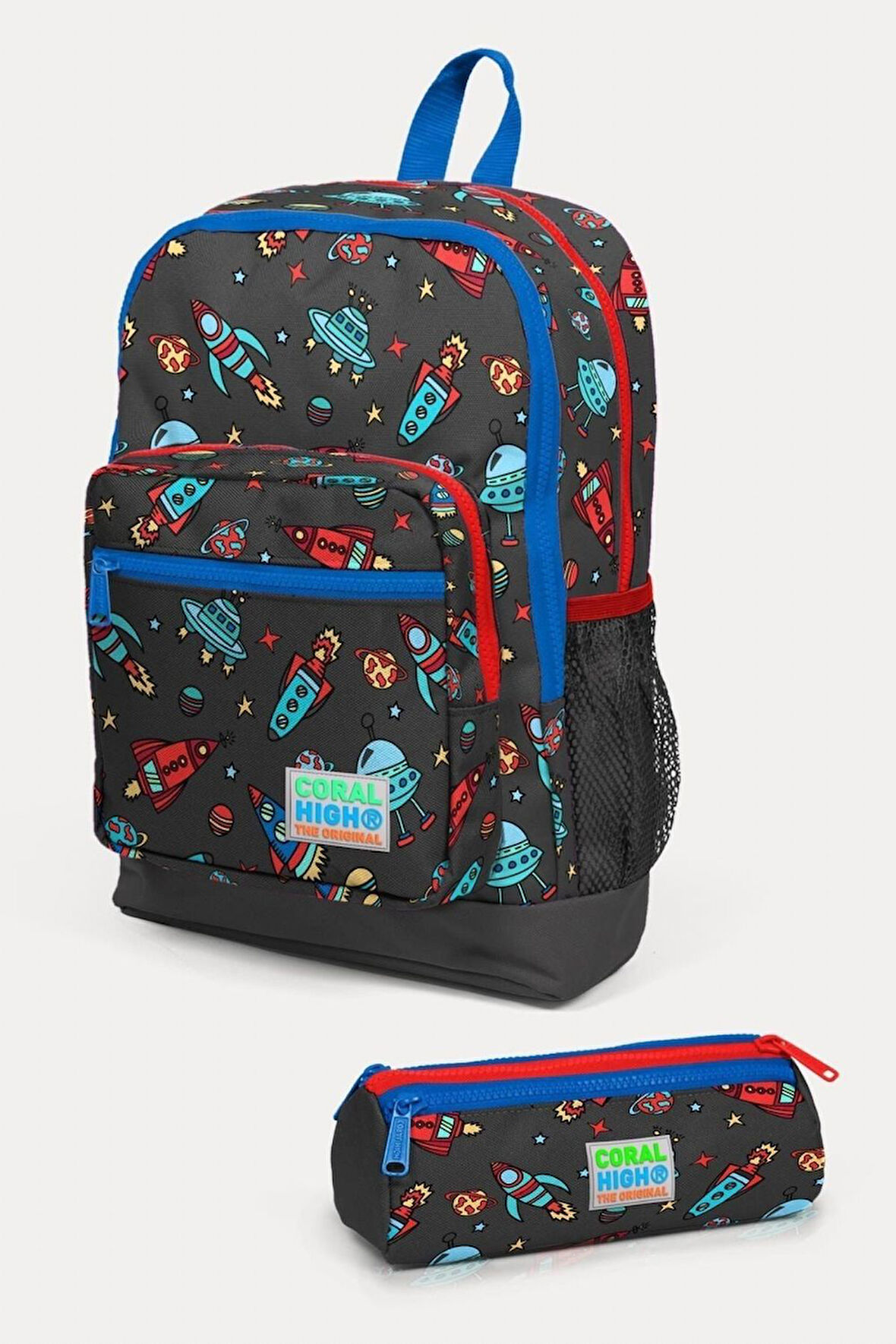 Coral High Kids Koyu Gri Kırmızı Uzay Desenli 2'li Okul Çanta Seti - Erkek Çocuk