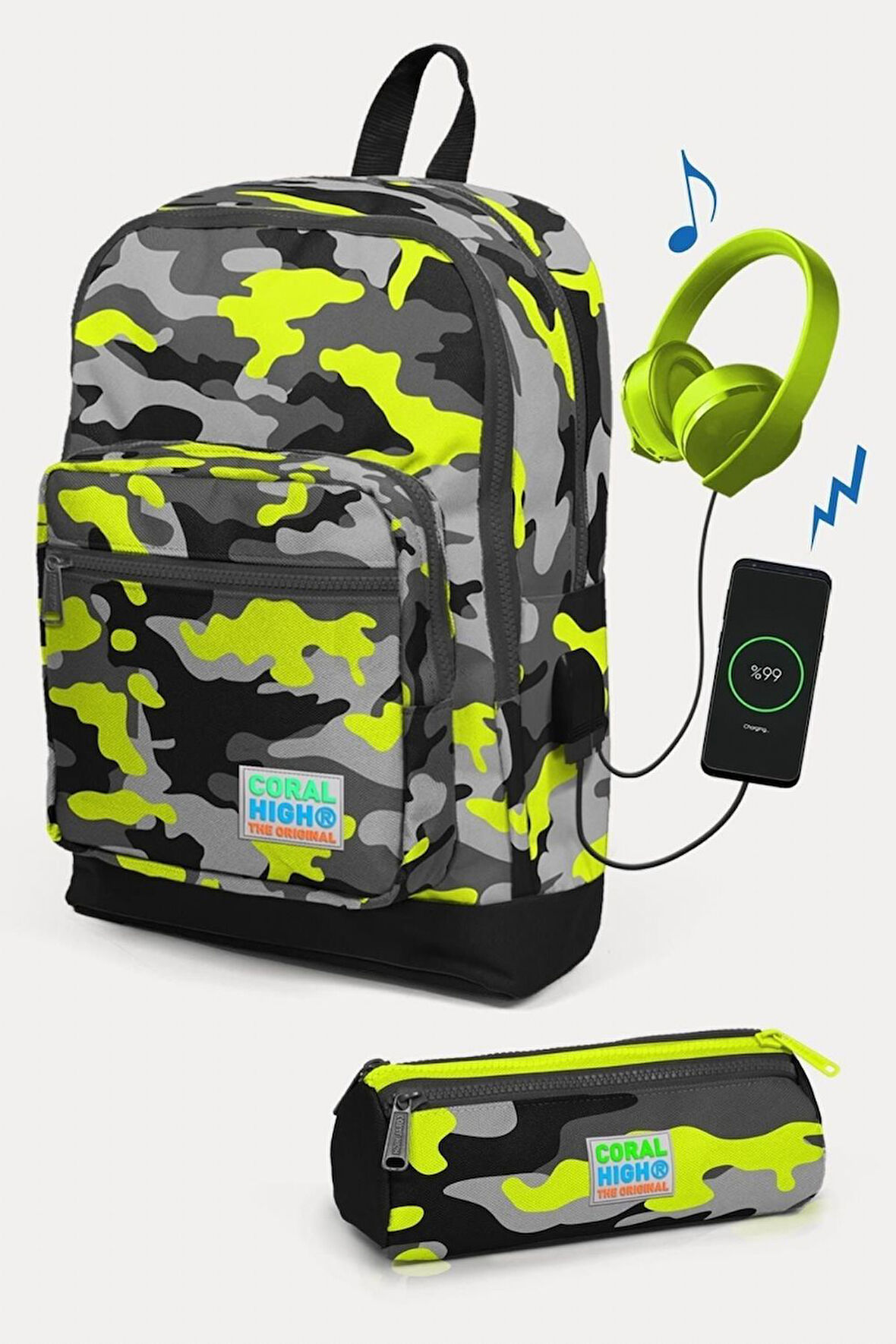 Coral High Kids Siyah Gri Kamuflaj Desenli USB'li 2'li Okul Çanta Seti - Erkek Çocuk