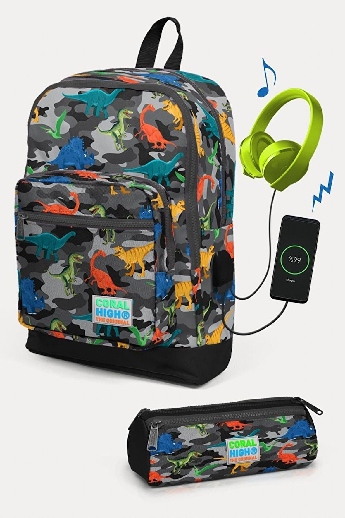 Coral High Kids Koyu Gri Siyah Kamuflaj Dinozor Desenli USB'li 2'li Okul Çanta Seti - Erkek Çocuk