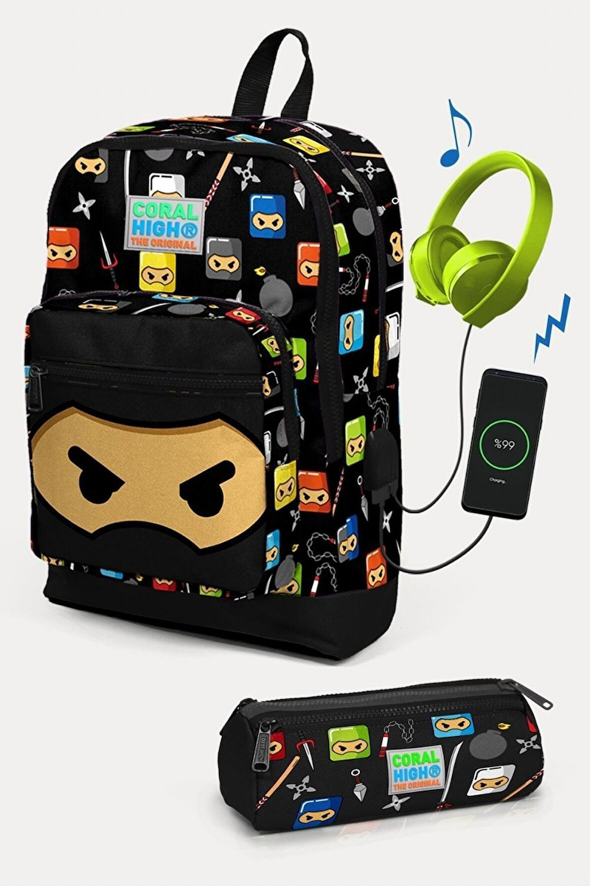 Coral High Kids Siyah Ninja Desenli USB'li 2'li Okul Çanta Seti - Erkek Çocuk
