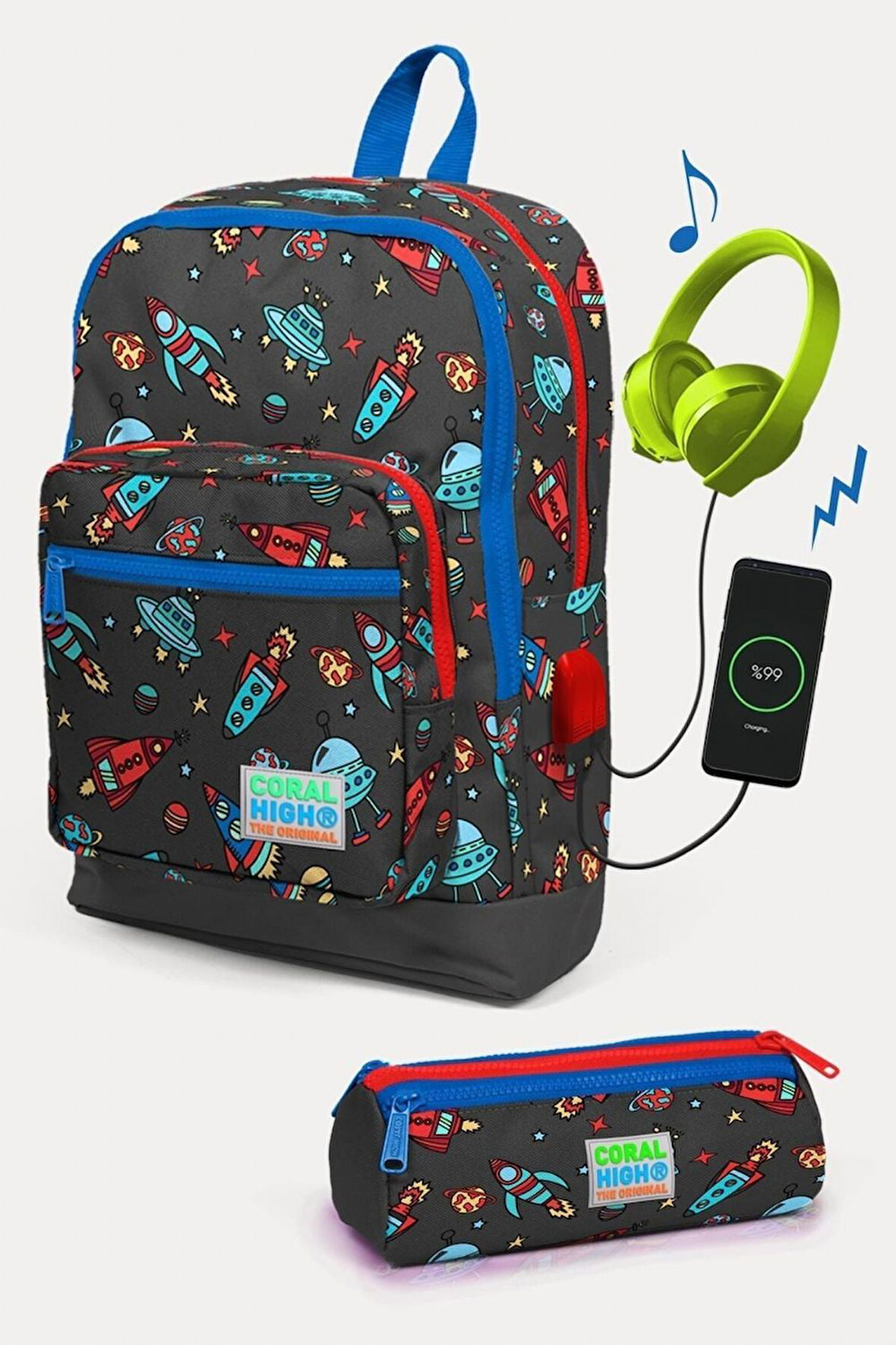 Coral High Kids Koyu Gri Kırmızı Uzay Desenli USB'li 2'li Okul Çanta Seti - Erkek Çocuk