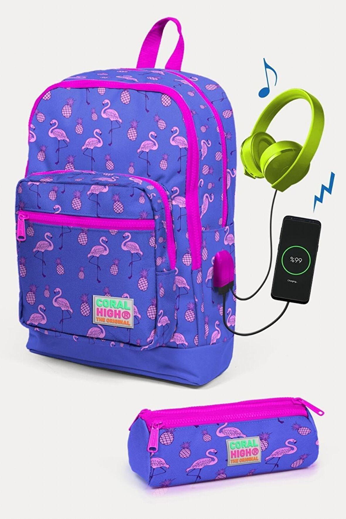 Coral High Kids Lavanta Pembe Flamingo Desenli USB'li 2'li Okul Çanta Seti - Kız Çocuk