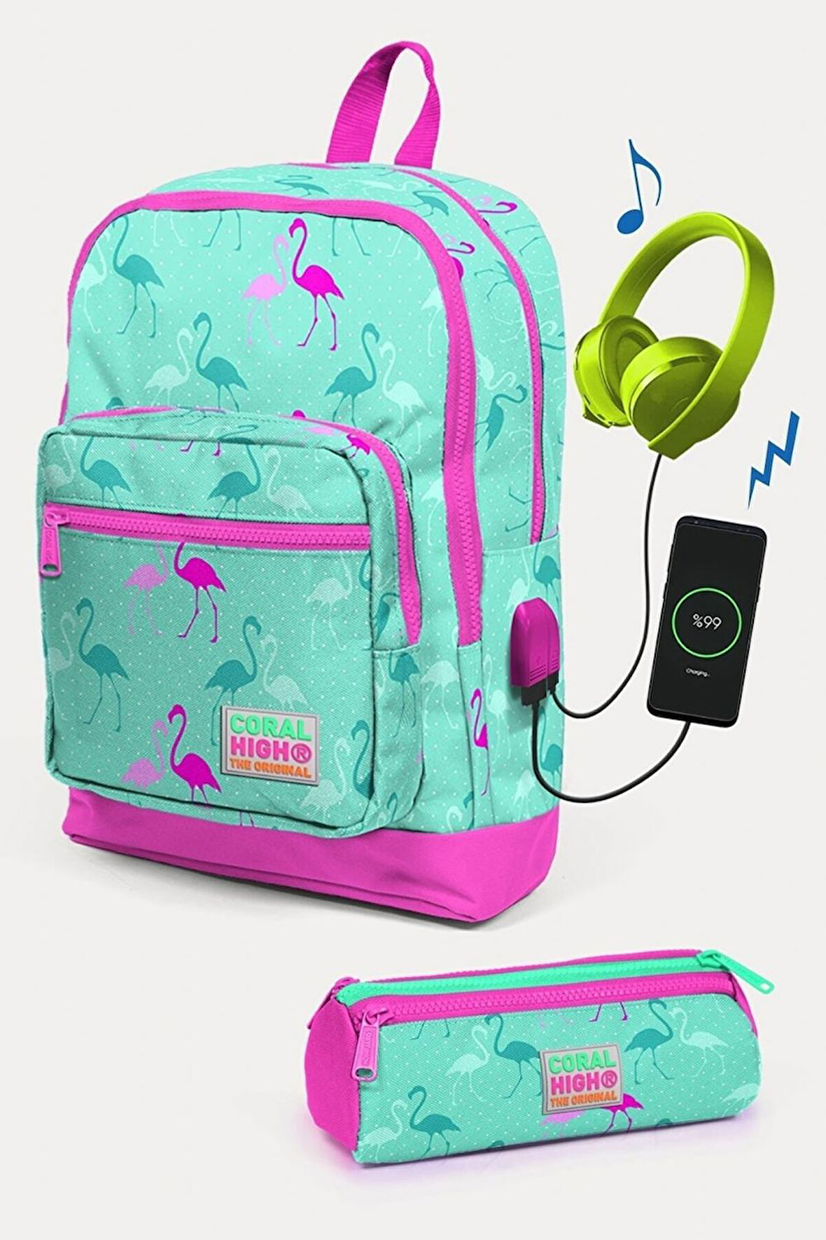 Coral High Kids Su Yeşili Neon Pembe Flamingo Desenli USB'li 2'li Okul Çanta Seti - Kız Çocuk