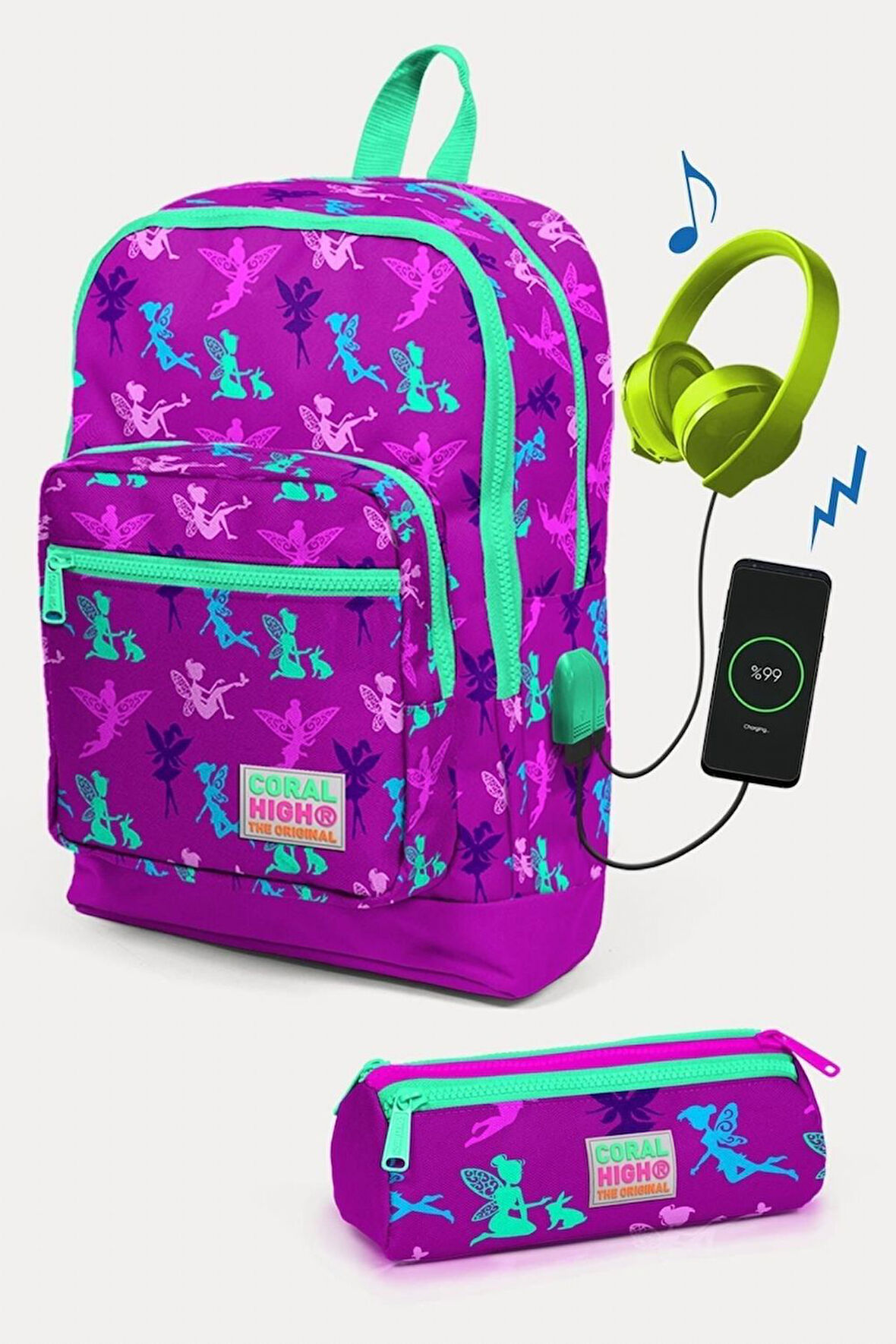 Coral High Kids Koyu Pembe Su Yeşili Peri Desenli USB'li 2'li Okul Çanta Seti - Kız Çocuk