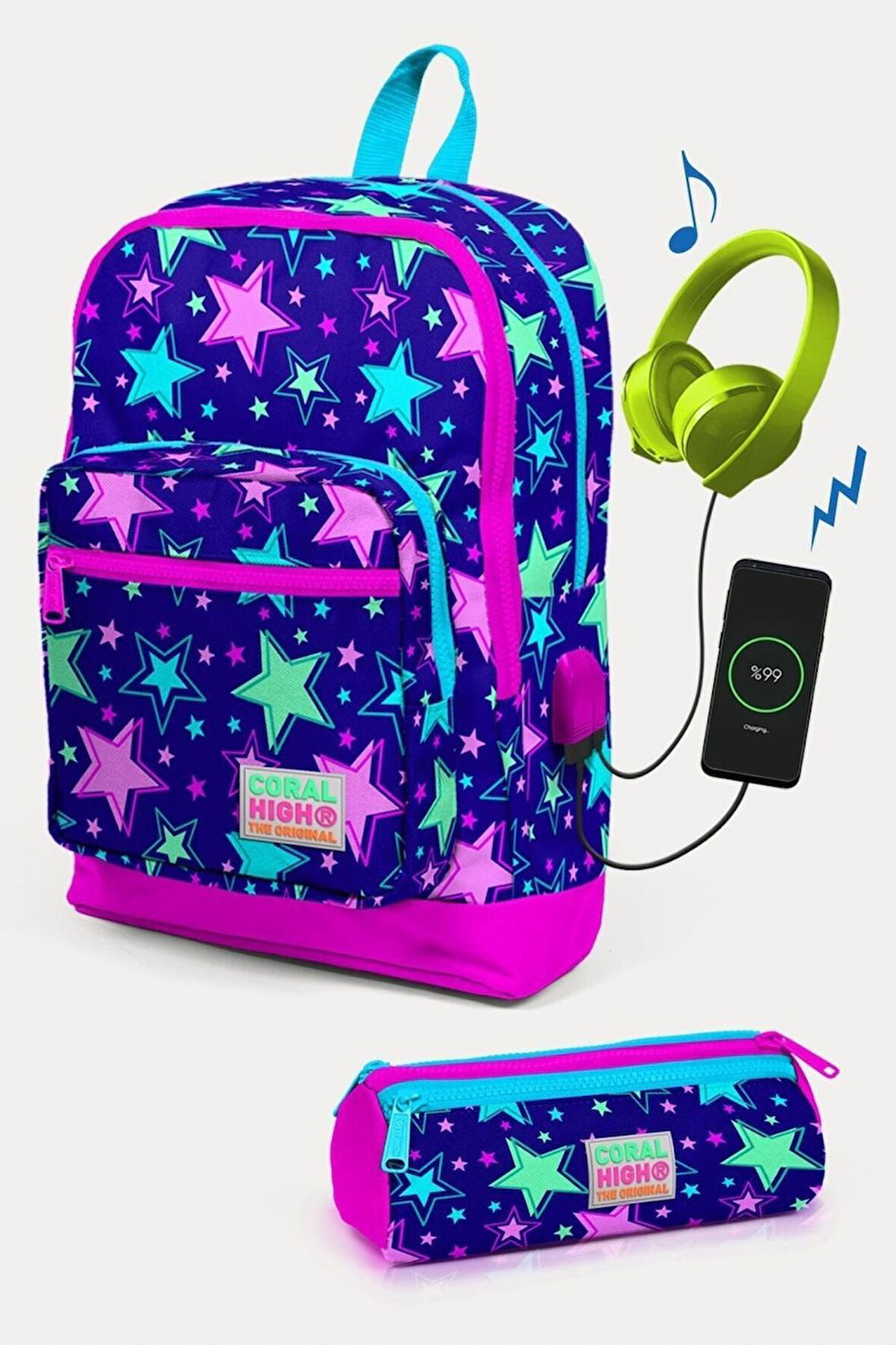 Coral High Kids Saks Pembe Yıldız Desenli USB'li 2'li Okul Çanta Seti - Kız Çocuk