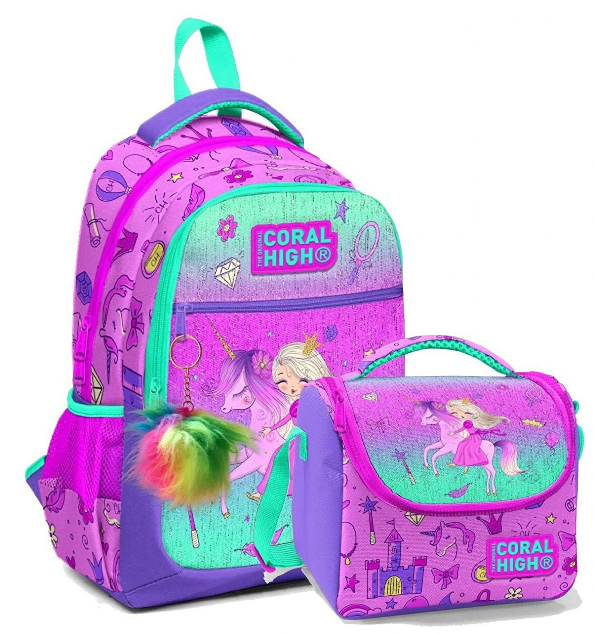 Coral High Okul Sırt ve Beslenme Çantası Seti - Kız Çocuk Pembe Yeşil Unicorn ve Prenses
