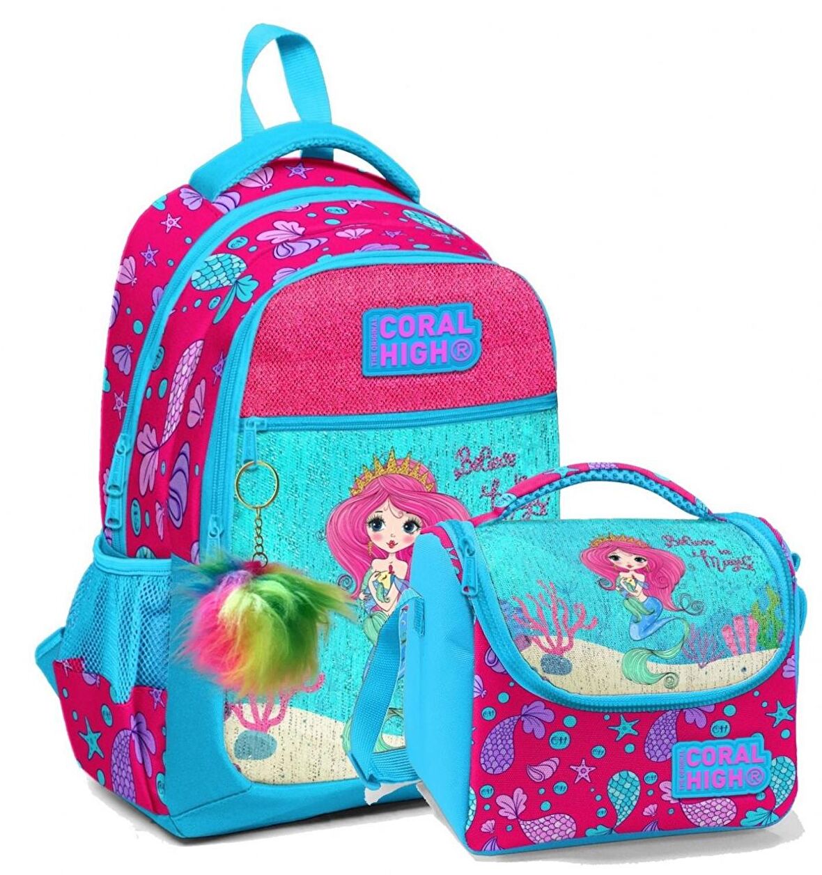 Coral High Okul Sırt Sırt ve Beslenme Çantası Seti - Kız Çocuk  Pembe Mavi Deniz Kızı