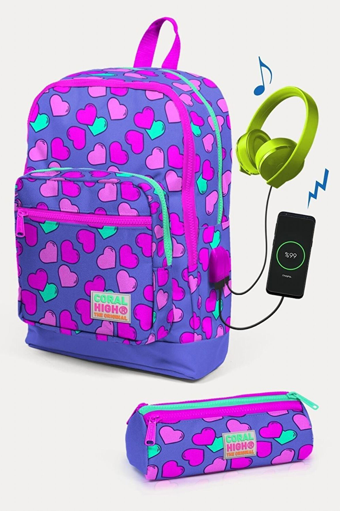 Coral High Kids Lavanta Pembe Kalp Desenli USB'li 2'li Okul Çanta Seti - Kız Çocuk