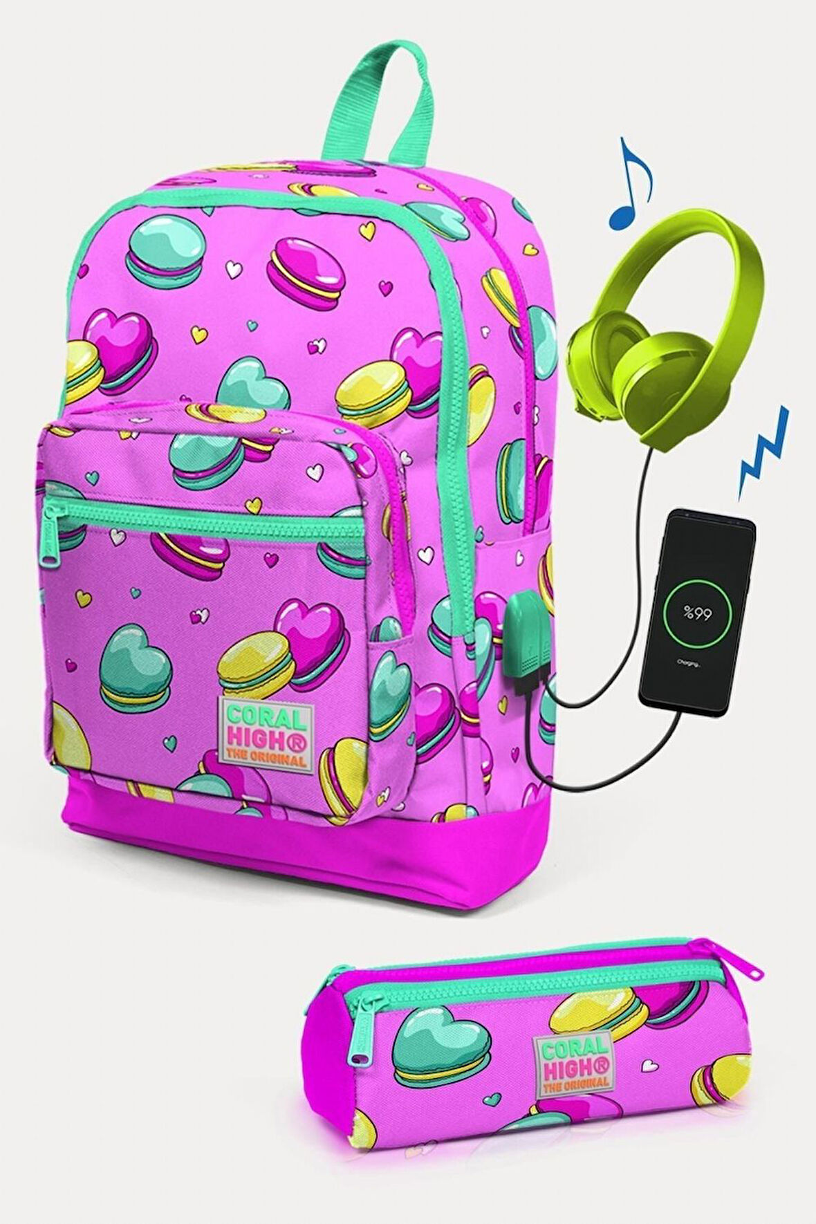 Coral High Kids Açık Pembe Su Yeşili Makaron Desenli USB'li 2'li Okul Çanta Seti - Kız Çocuk