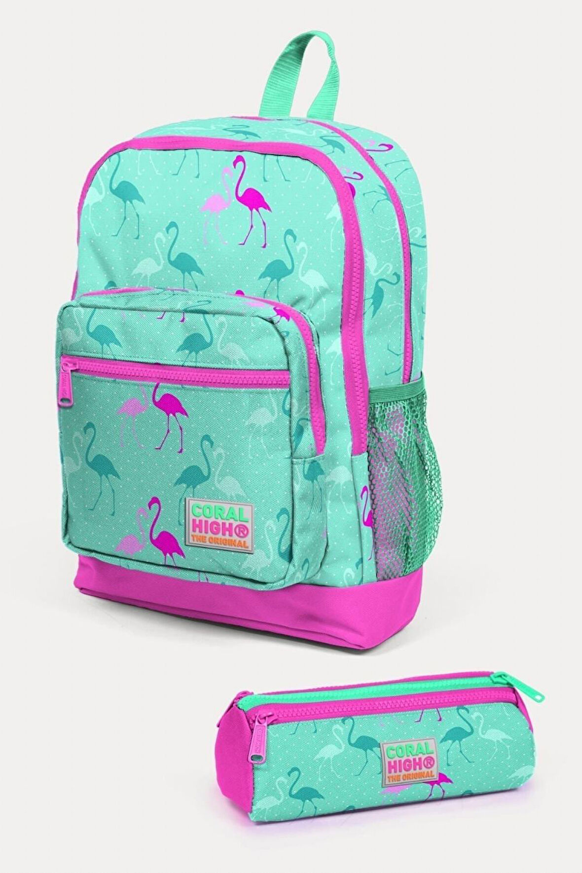 Coral High Kids Su Yeşili Neon Pembe Flamingo Desenli 2'li Okul Çanta Seti - Kız Çocuk