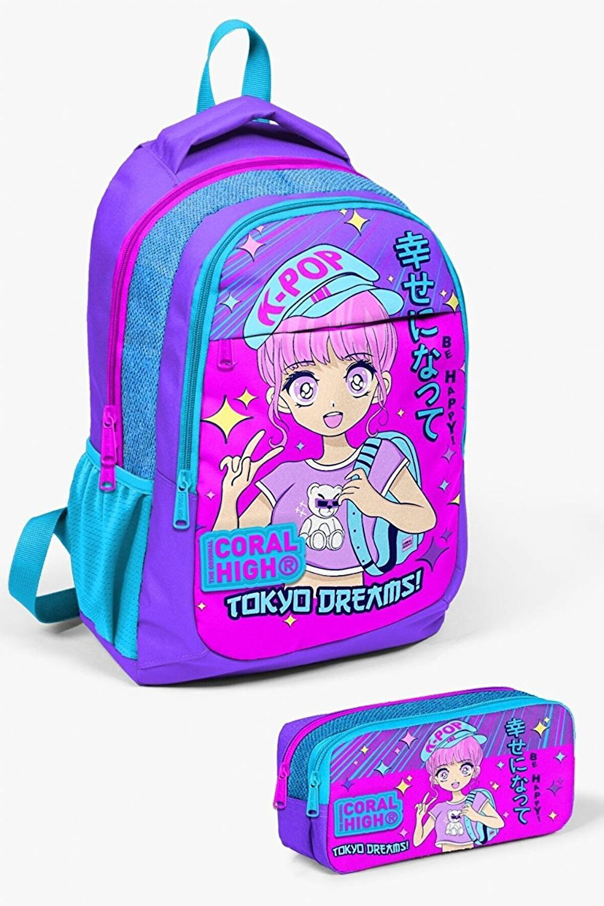 Coral High Kids Mor Pembe Mavi Simli K-Pop Desenli 2'li Okul Çanta Seti - Kız Çocuk