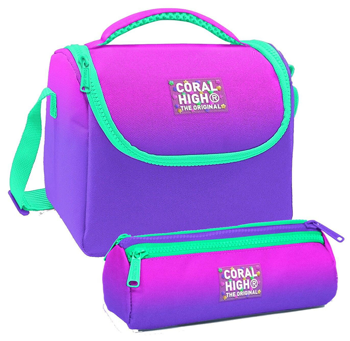 Coral High Pembe Mor Renk Geçişli Desenli Kız Çocuk Isı Yalıtımlı Beslenme Çantası ve Kalemlik Seti