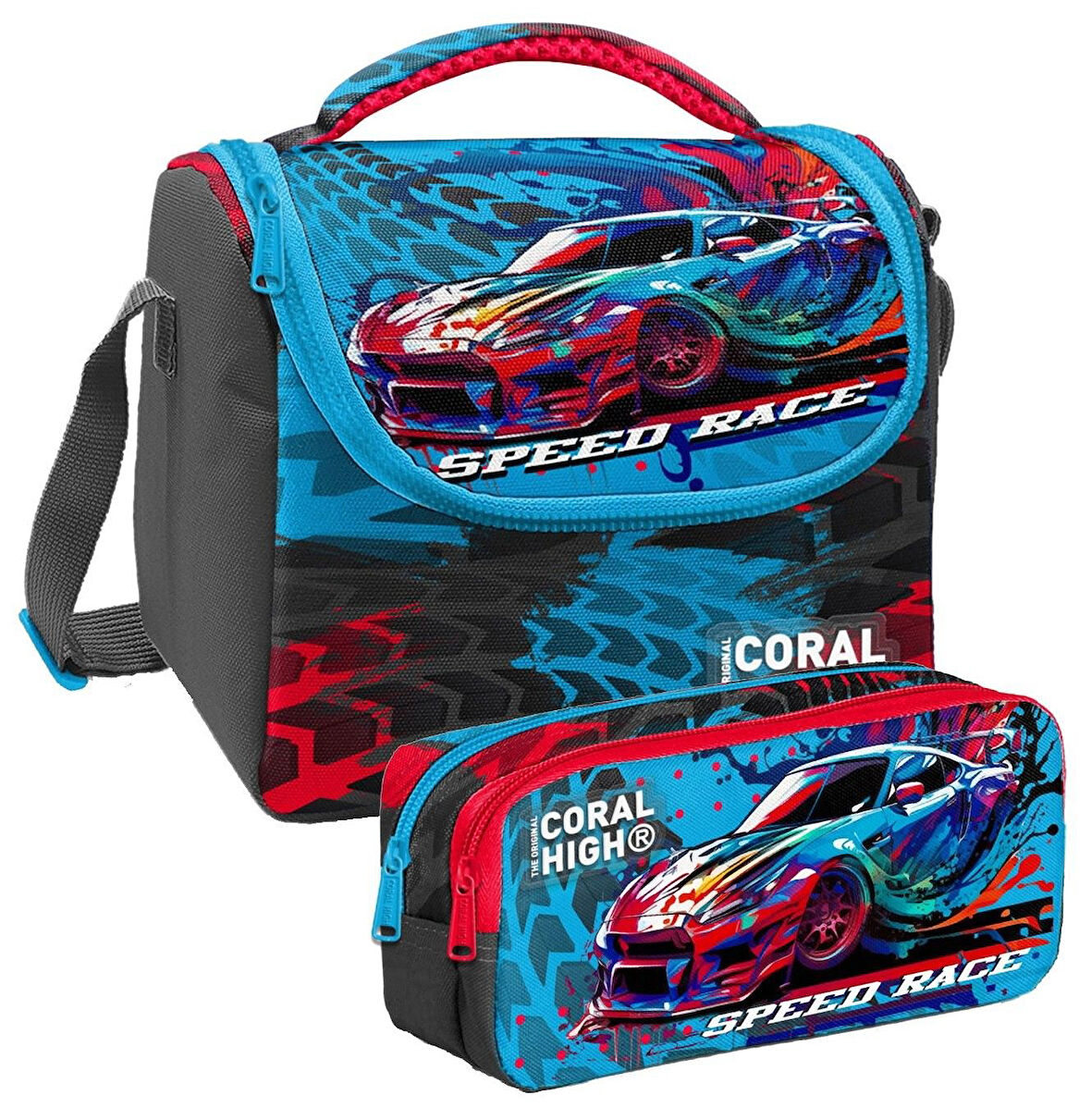 Coral High Gri Mavi Yarış Arabası Desenli Erkek Çocuk Isı Yalıtımlı Beslenme Çantası ve Kalemlik Seti