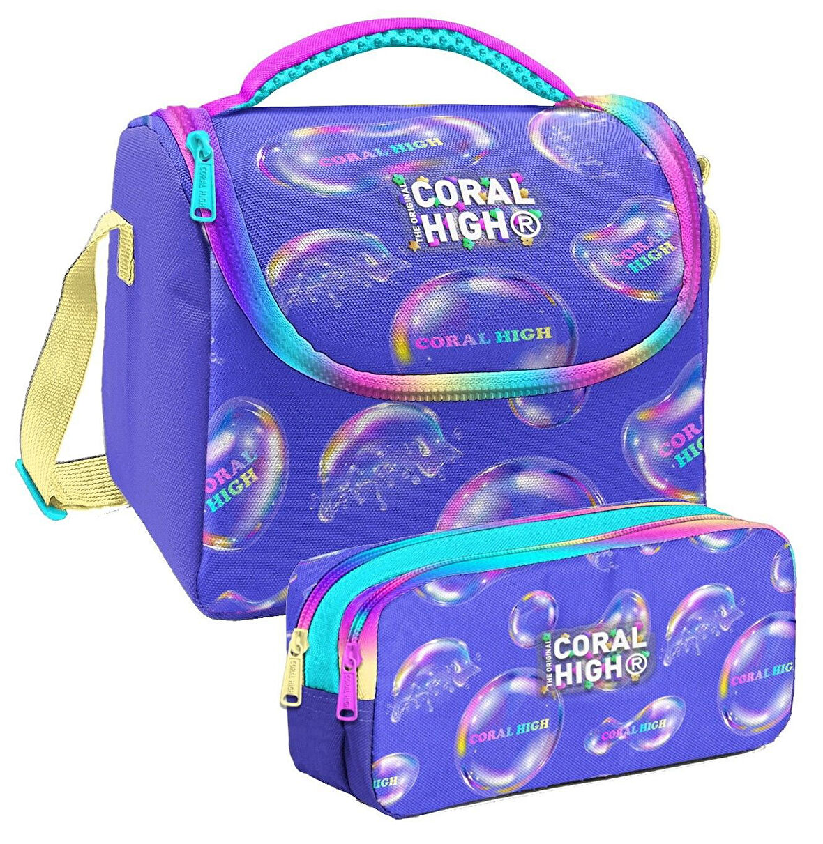 Coral High Lavanta Pembe Baloncuk Desenli Kız Çocuk Isı Yalıtımlı Beslenme Çantası ve Kalemlik Seti
