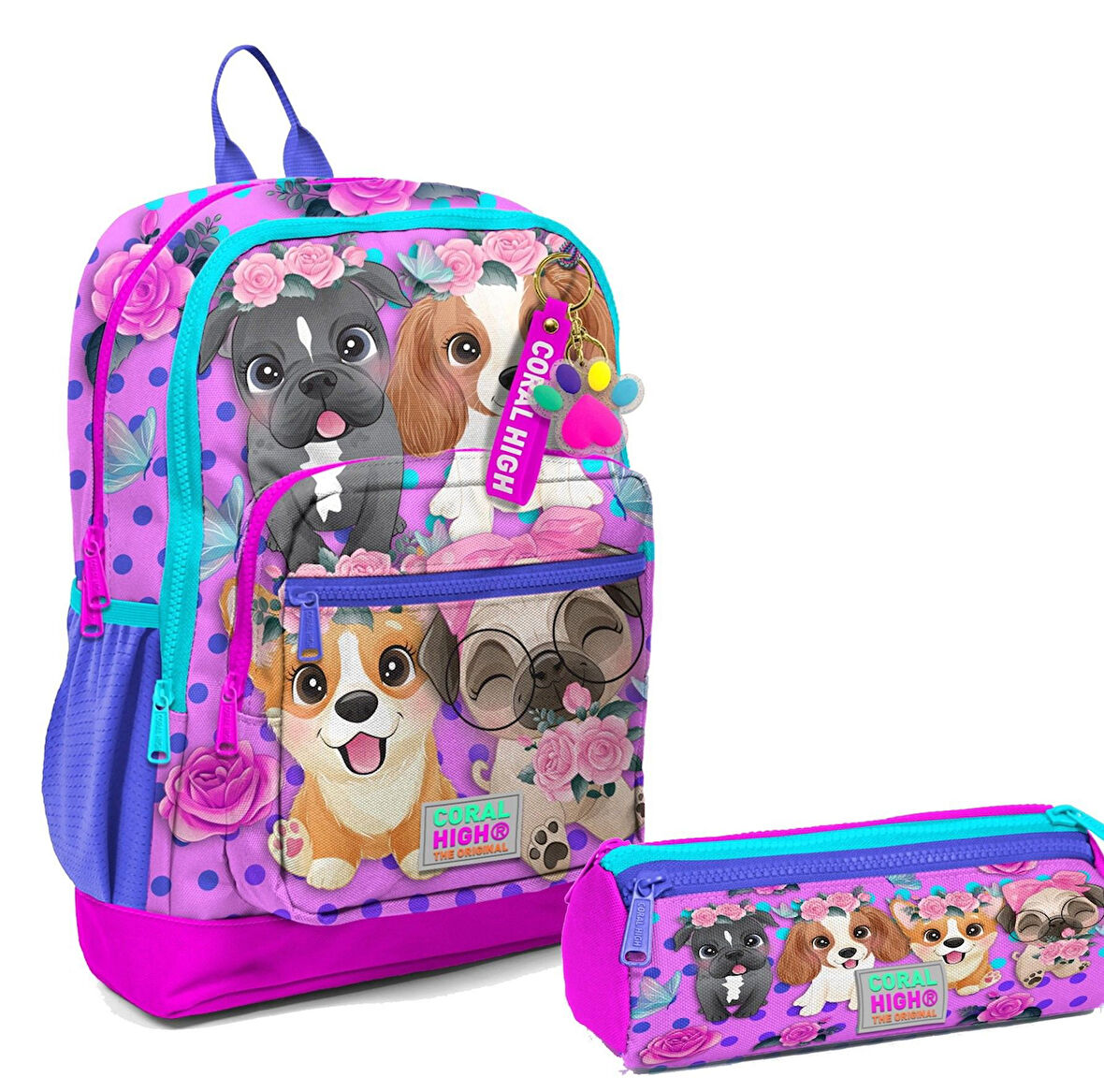 Coral High İlkokul Sırt Çantası ve Kalemlik Seti - Pembe Köpek - Kız Çocuk