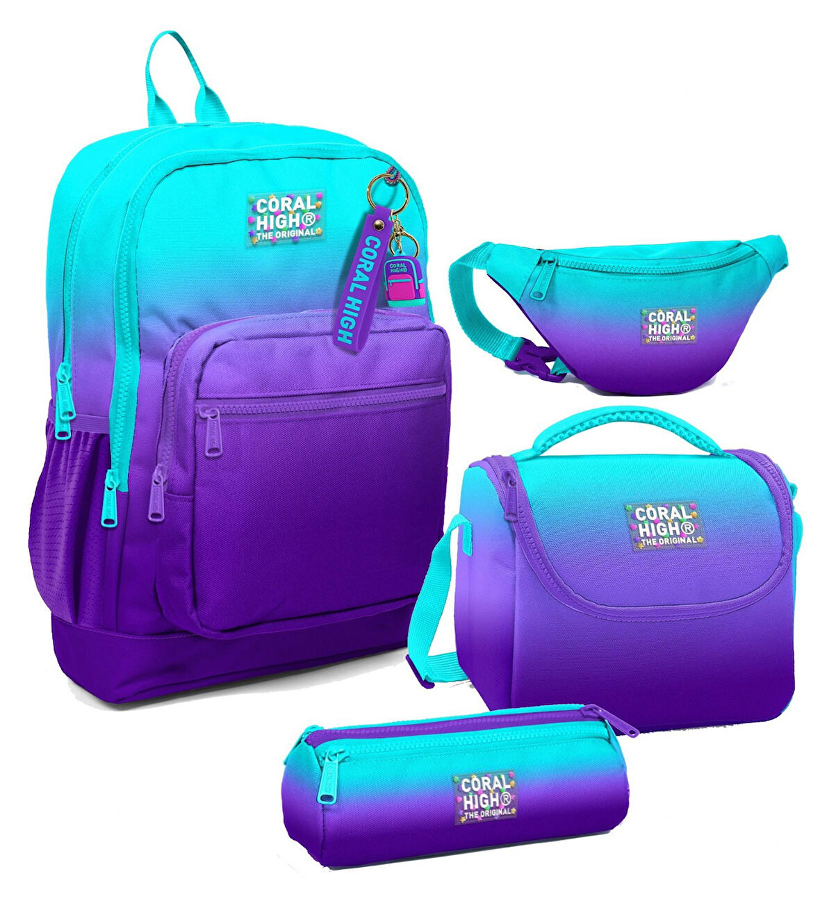 Coral High Erkek Çocuk Turkuaz Mor Renk Geçişli Desenli İlkokul Okul Çanta Seti ve Bel Çantası