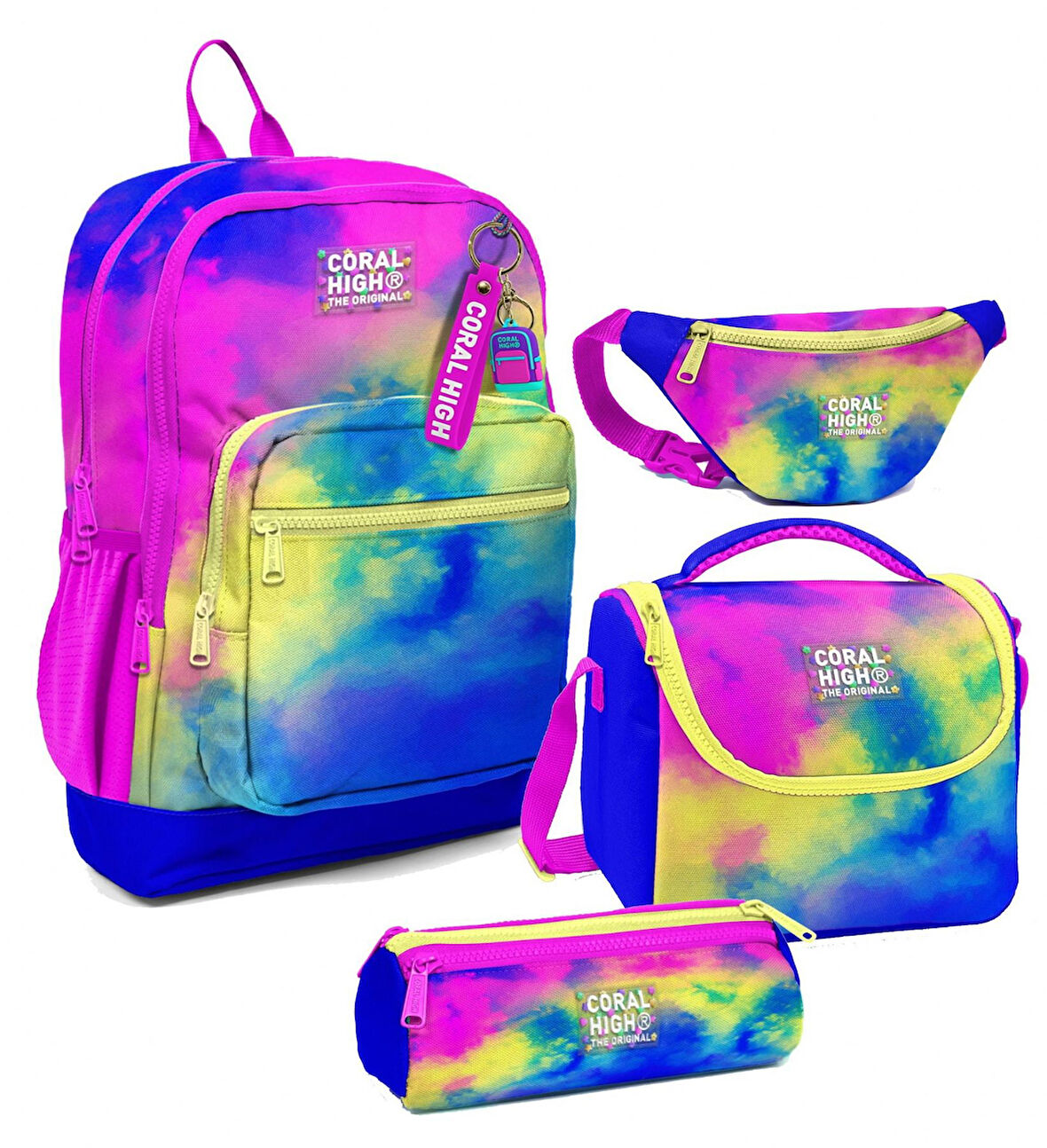 Coral High Kız Çocuk Renkli Batik Desenli İlkokul Okul Çanta Seti ve Bel Çantası