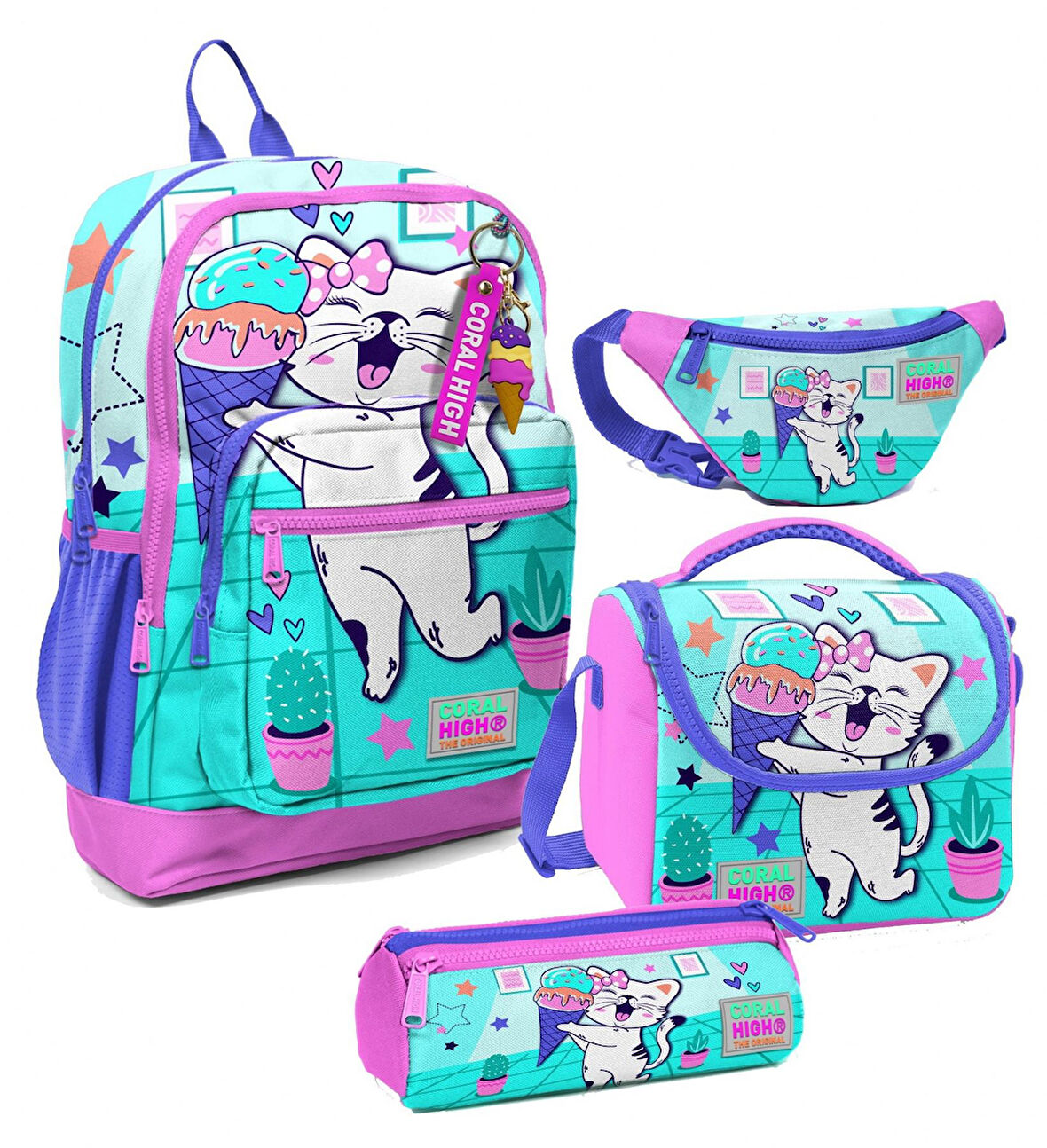Coral High Kız Çocuk Turkuaz Pembe Dondurmalı Kedi Desenli İlkokul Okul Çanta Seti ve Bel Çantası