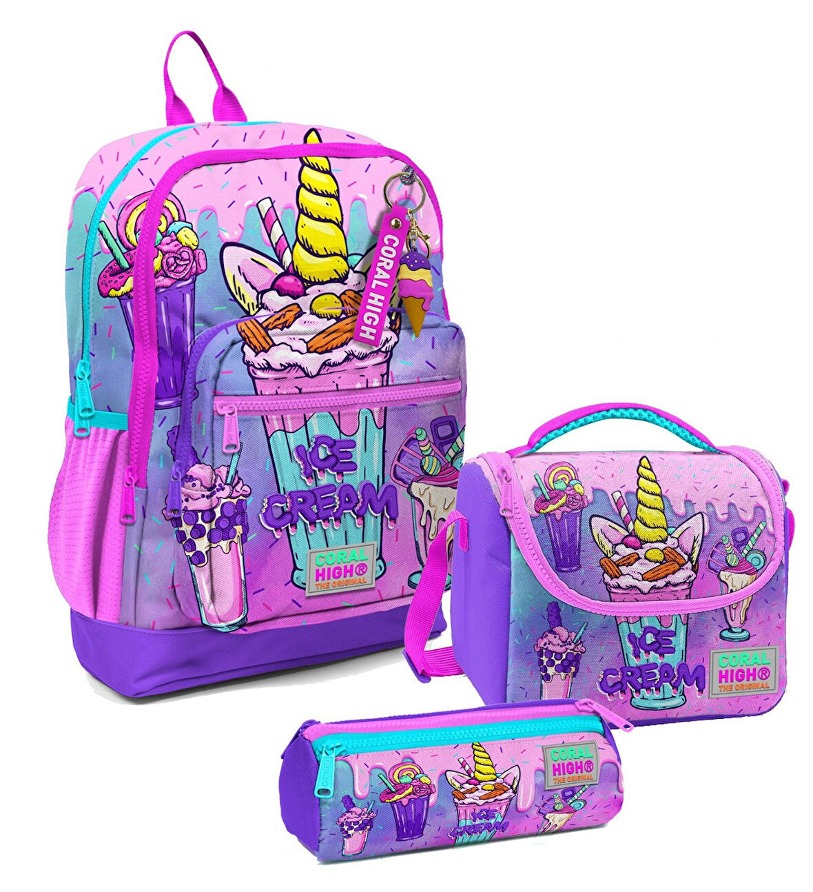 Coral High Kız Çocuk Üçlü İlkokul Okul Çanta Seti - Pembe Mor Dondurma