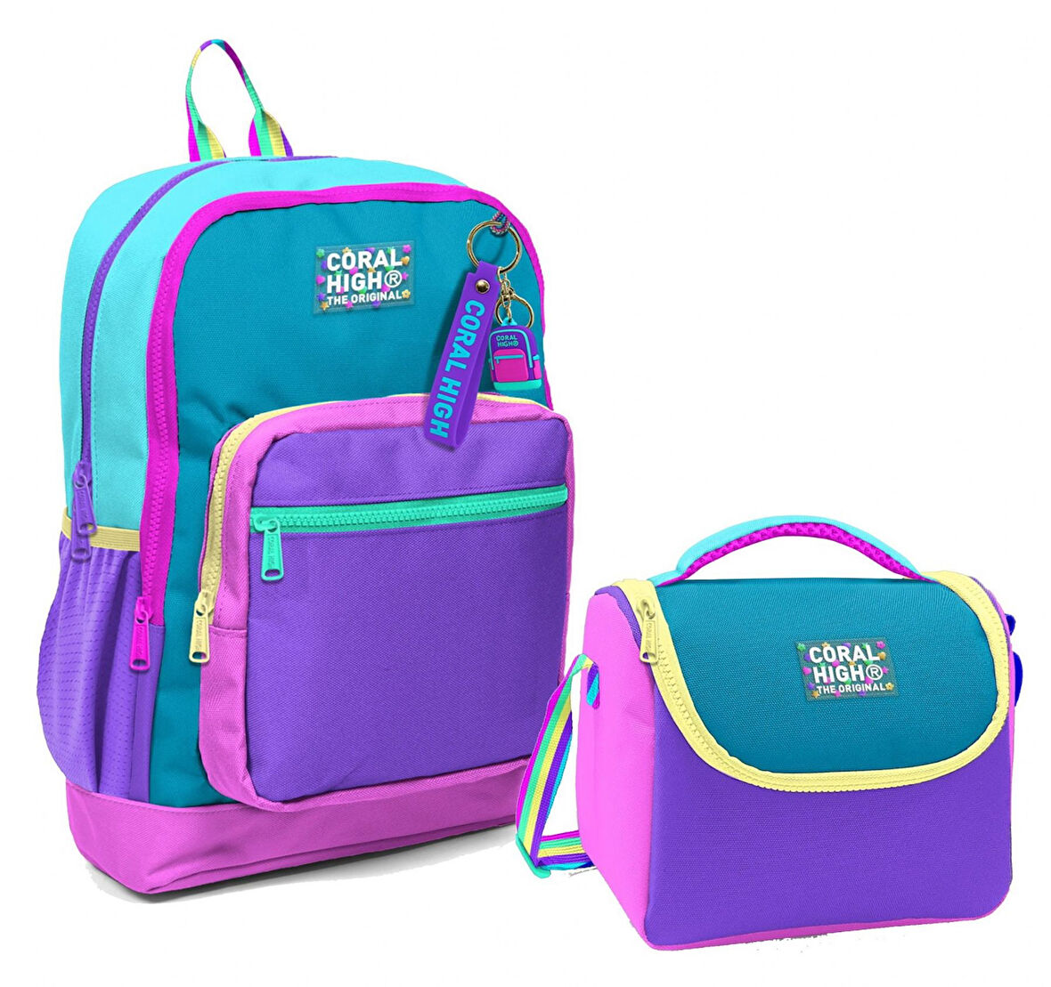 Coral High Dört Bölmeli Kız Çocuk Okul Sırt Çantası ve Beslenme Seti - Pembe Pastel Renkli
