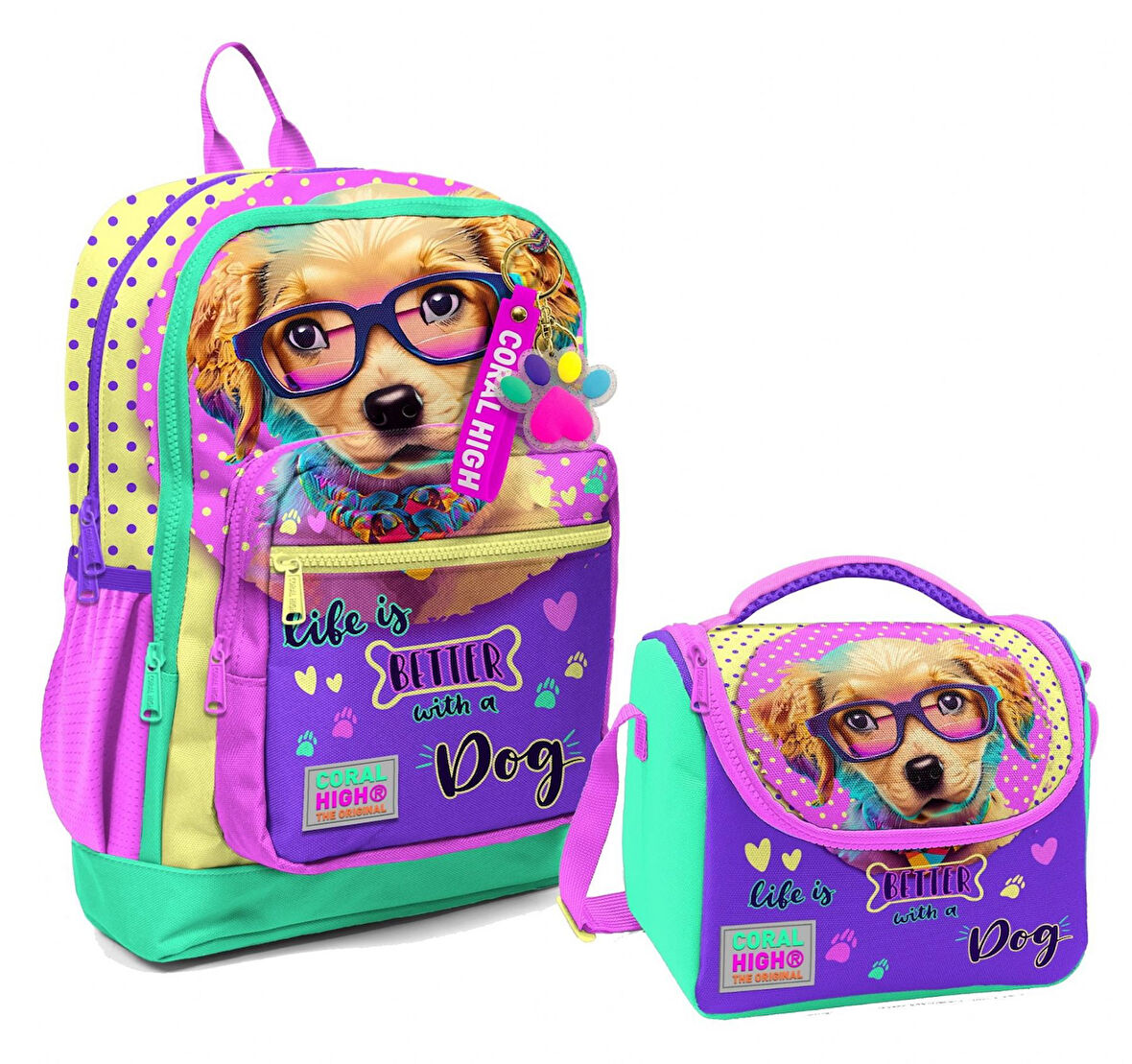 Coral High Dört Bölmeli Kız Çocuk Okul Sırt Çantası ve Beslenme Seti - Sarı Pembe Sevimli Köpek