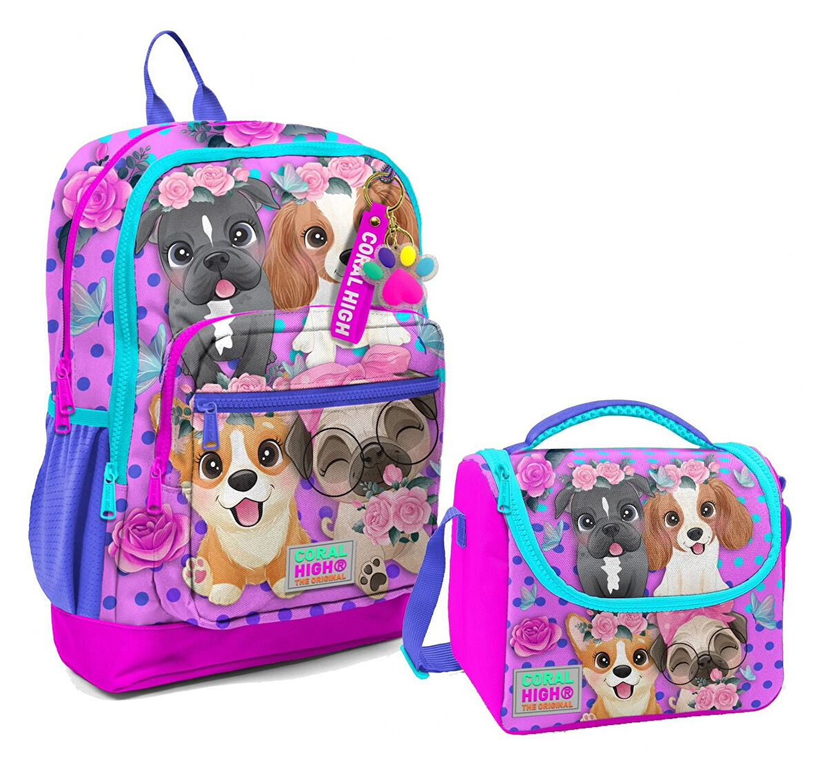 Coral High Dört Bölmeli Kız Çocuk Okul Sırt Çantası ve Beslenme Seti - Pembe Köpek