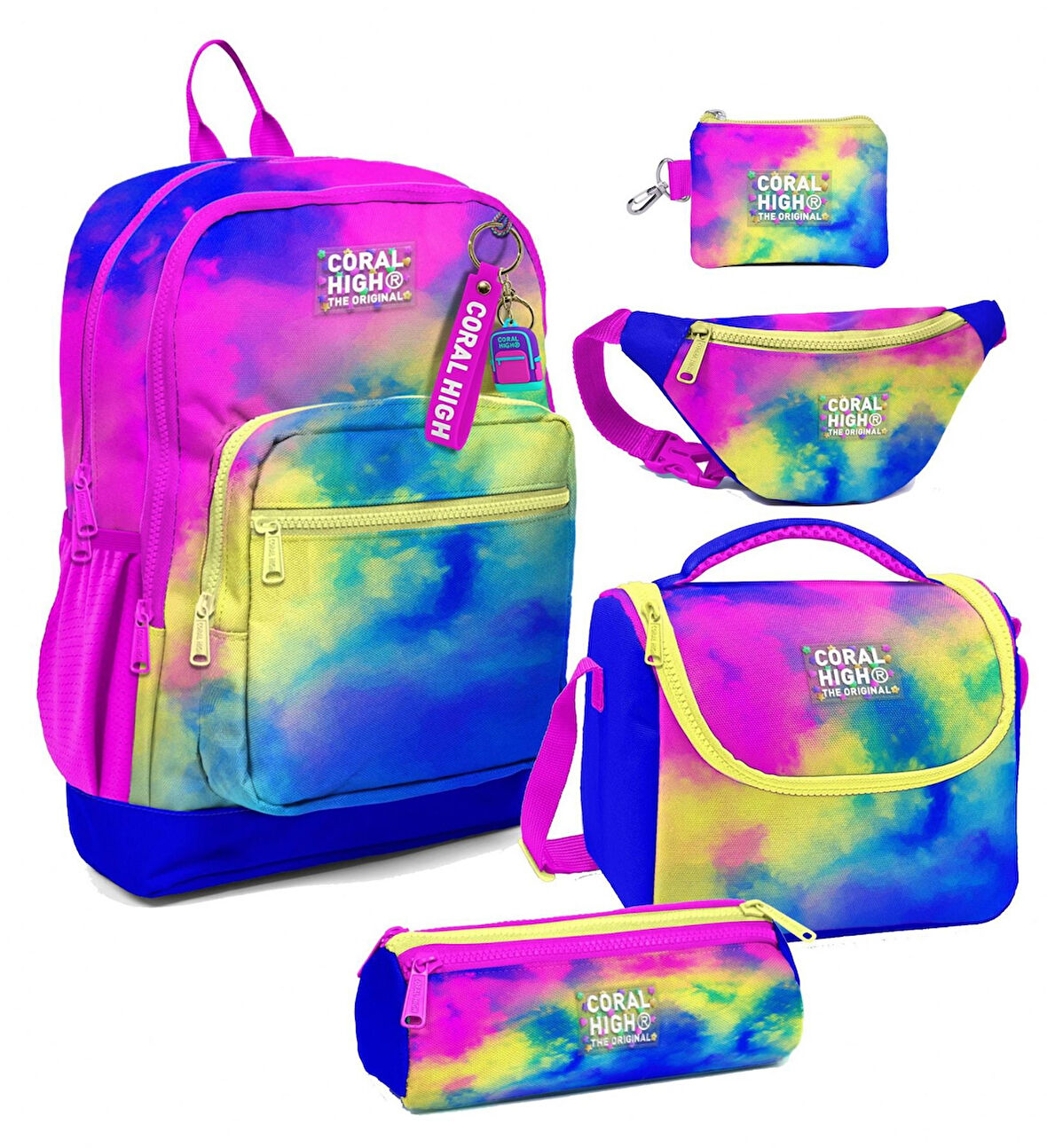 Coral High Kız Çocuk Renkli Batik Desenli Beşli İlkokul Okul Çanta Seti