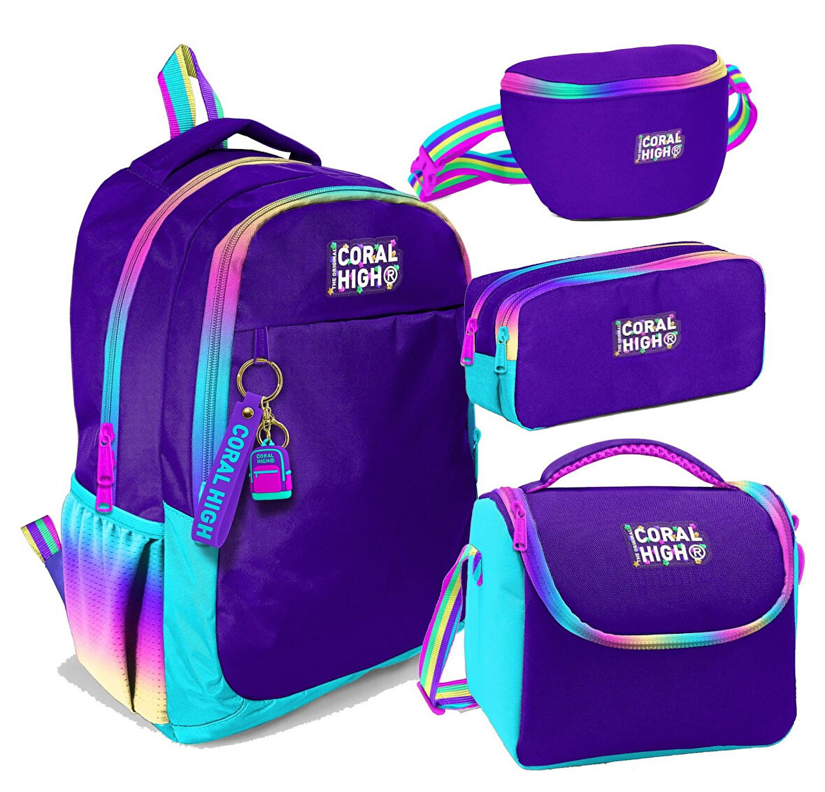 Coral High Rainbow Fermuarlı Mor Desenli Kız Çocuk Dörtlü Okul Çanta Seti - İlkokul ve Ortaokul İçin Uygun