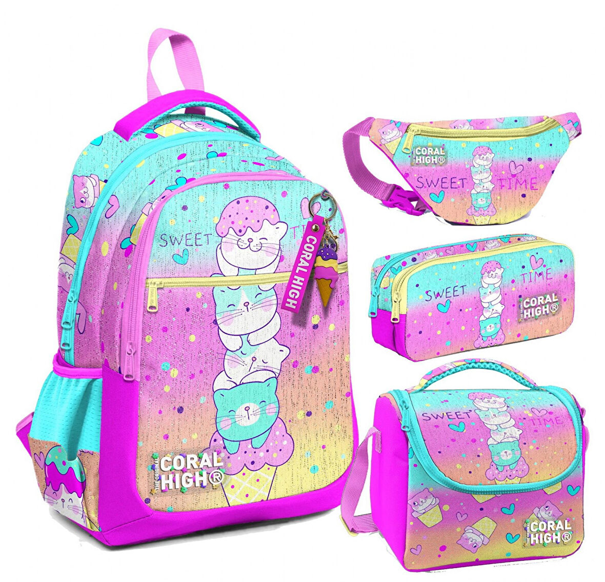 Coral High Renkli Dondurmalı Kedi Desenli Kız Çocuk Okul Beslenme Kalemlik ve Bel Çantası Seti - İlkokul İçin Uygun
