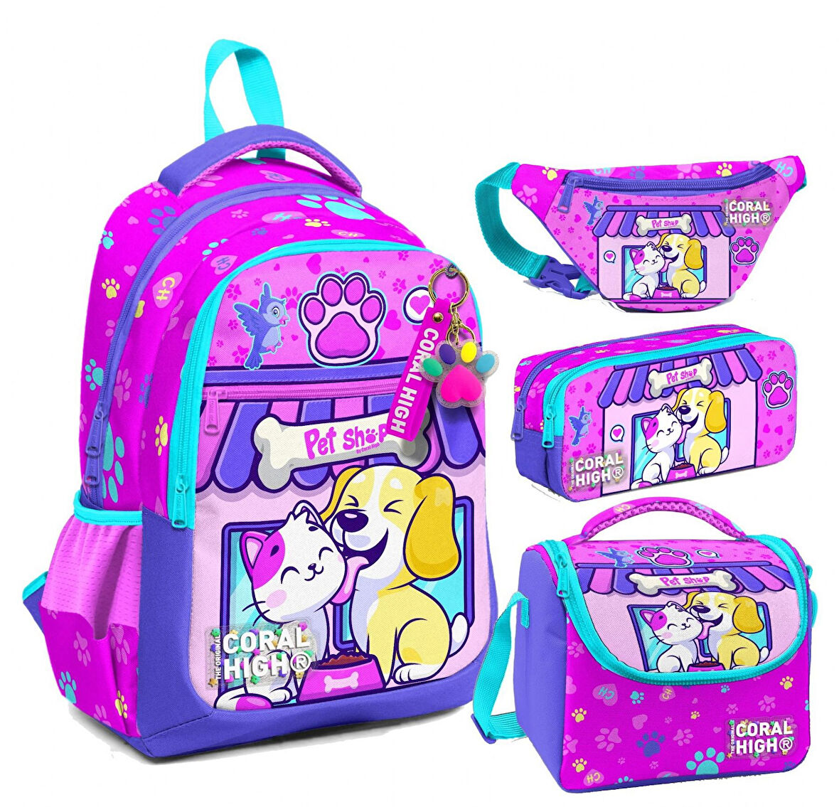 Coral High Kedi Köpek Desenli Kız Çocuk Okul Beslenme Kalemlik ve Bel Çantası Seti - İlkokul İçin Uygun