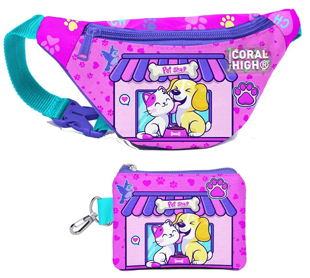 Coral High Kız Çocuk Kedi Köpek Desenli Bel Çantası ve Bozuk Para Cüzdanı Set