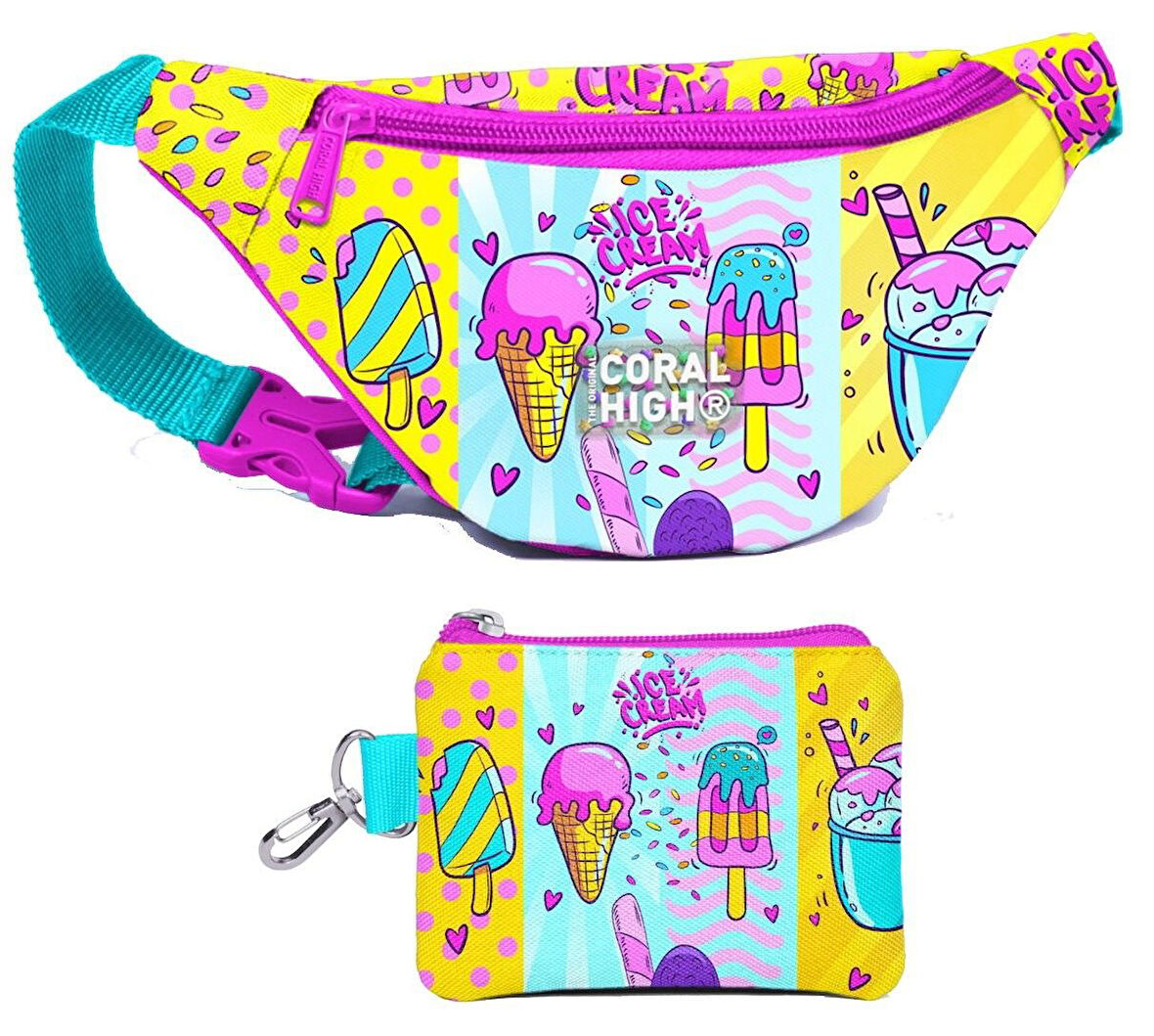 Coral High Kız Çocuk Mixed Dondurma Desenli Bel Çantası ve Bozuk Para Cüzdanı Set