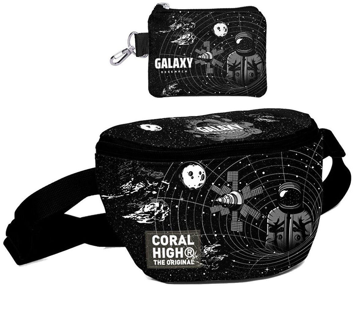 Coral High Erkek Çocuk Siyah Galaxy Desenli Bel Çantası ve Bozuk Para Cüzdanı Set