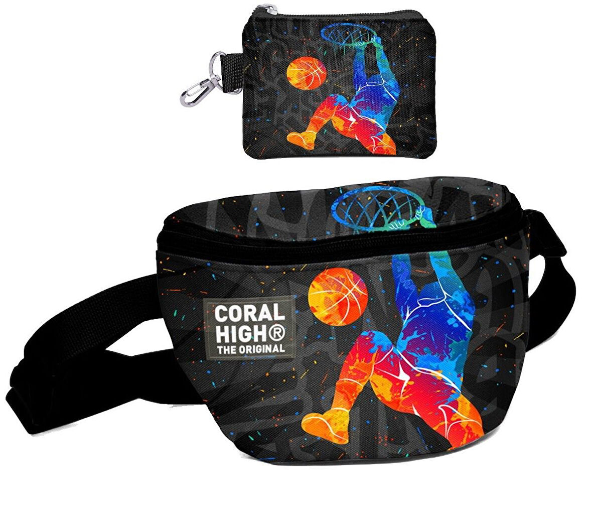 Coral High Erkek Çocuk Gri Basketbol Desenli Bel Çantası ve Bozuk Para Cüzdanı Set