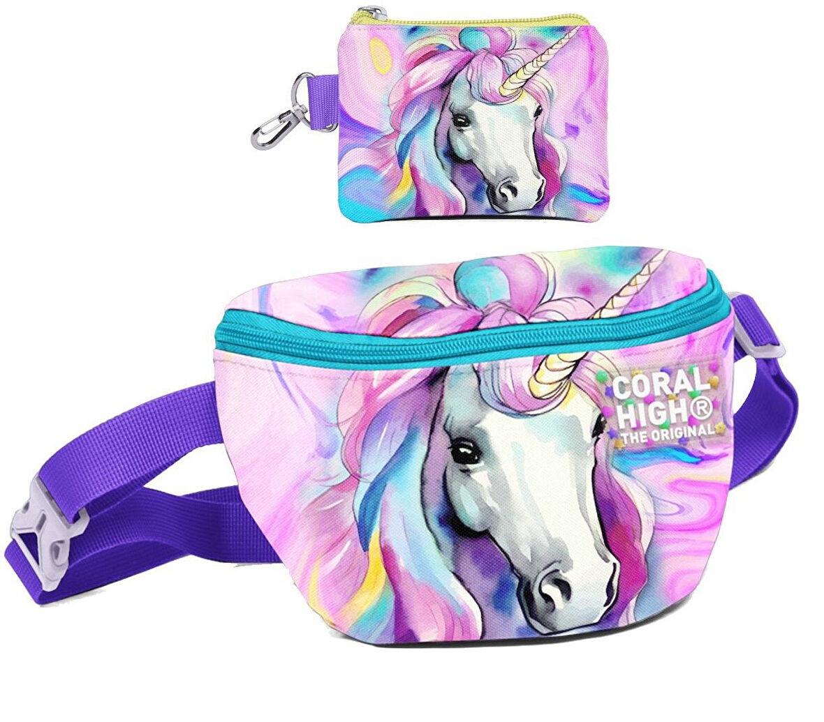 Coral High Kız Çocuk Unicorn Desenli Bel Çantası ve Bozuk Para Cüzdanı Set