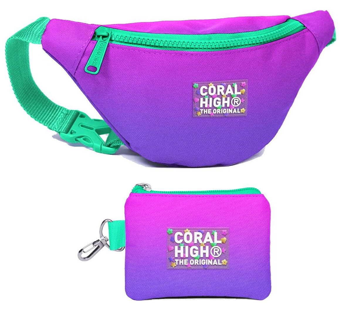 Coral High Kız Çocuk Pembe Mor Renk Geçişli Desenli Bel Çantası ve Bozuk Para Cüzdanı Set