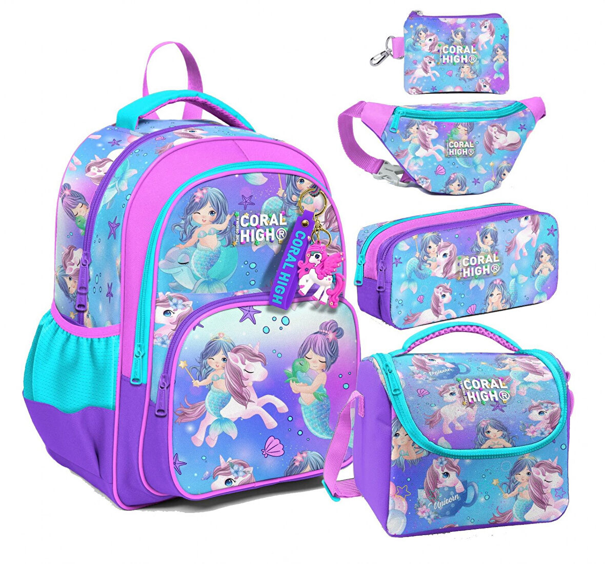 Coral High Mor Pembe Unicorn Desenli Kız Çocuk Beşli Okul Çanta Seti - İlkokul ve Ortaokul İçin Uygun