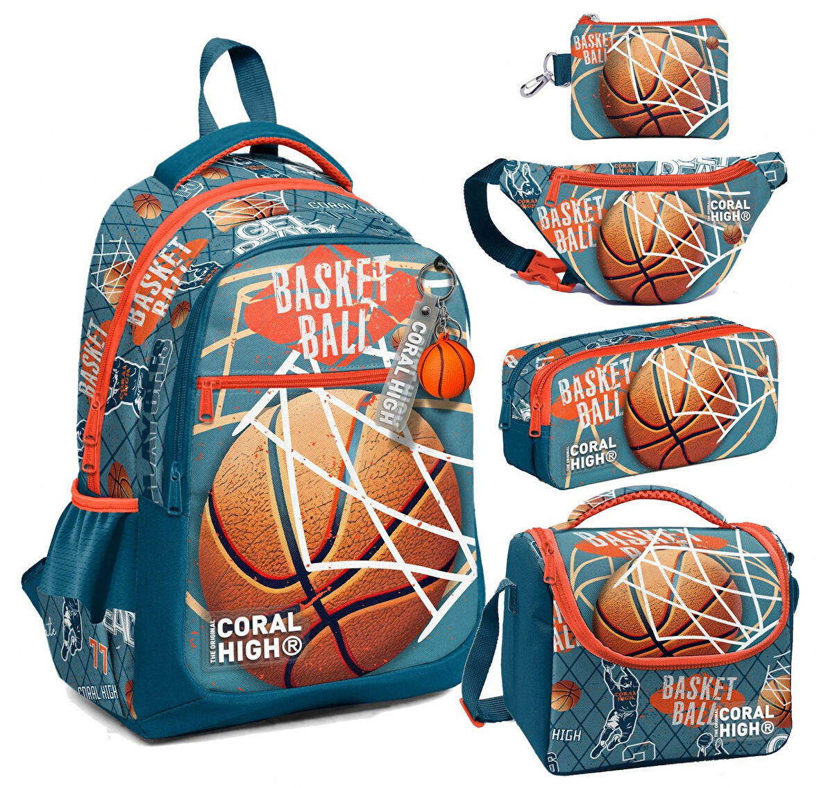 Coral High Nefti Turuncu Basketbol Desenli Erkek Çocuk Beşli Okul Çanta Seti - İlkokul İçin Uygun